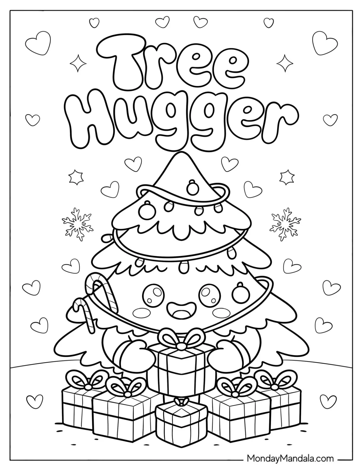 Cartoon Christmas Tree Coloring Page Hugging Presents for Kids coloring page