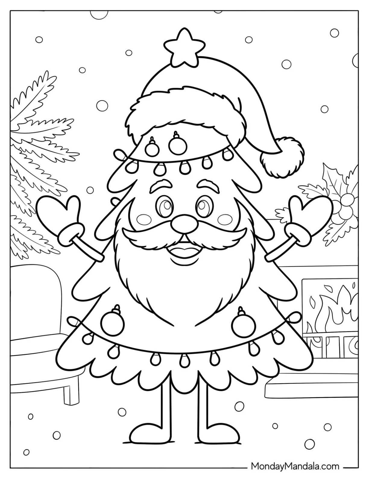 Cartoon Santa Christmas Tree Coloring Page for Kids coloring page