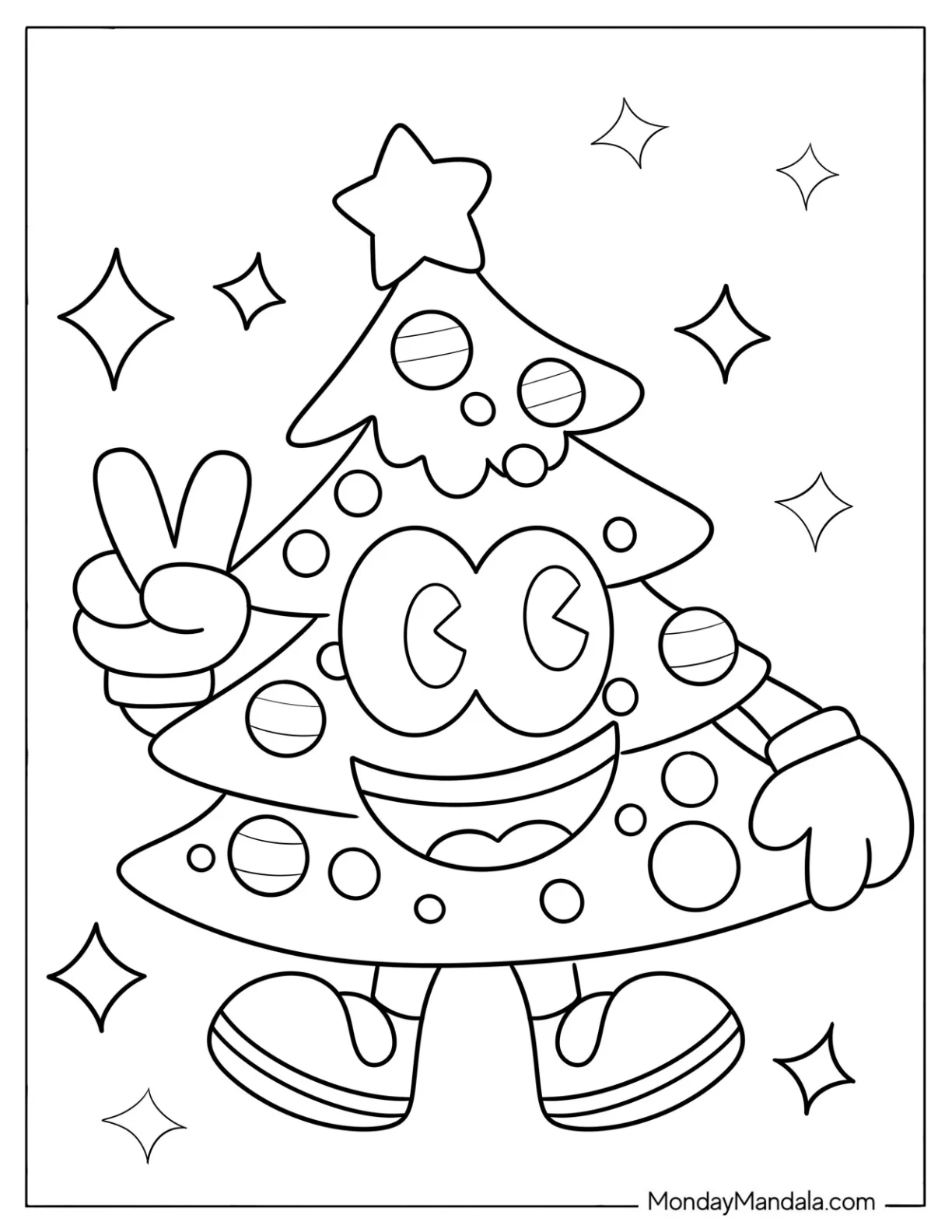 Cheerful Christmas Tree Coloring Page Making a Peace Sign for Kids coloring page