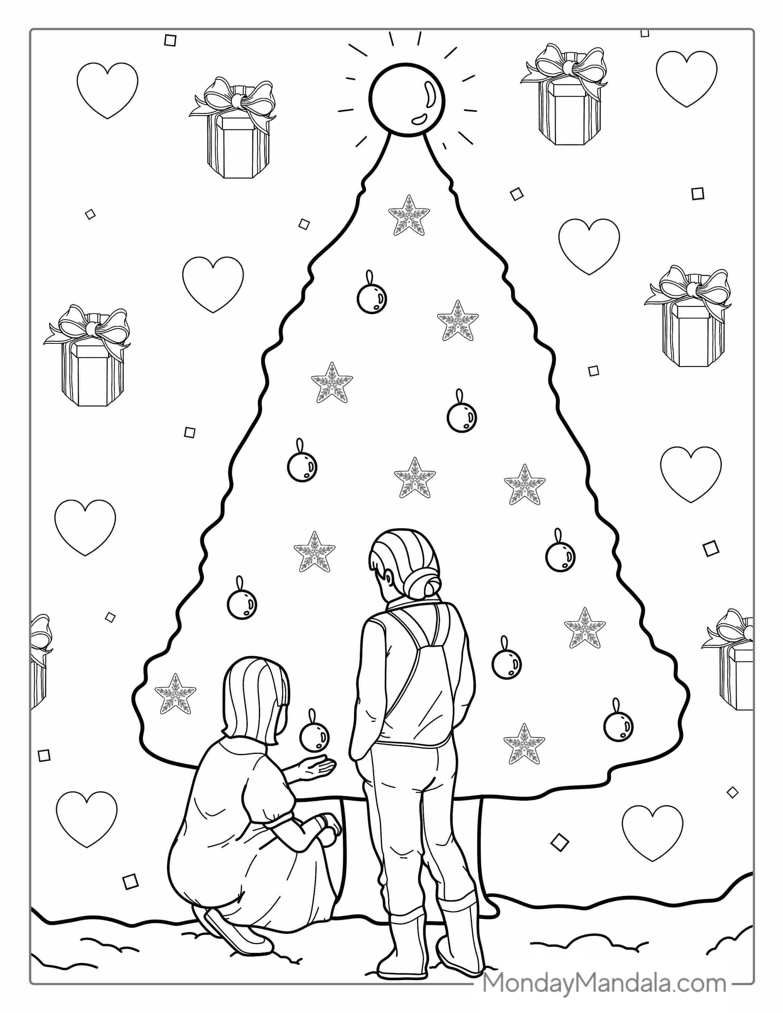 Children Decorating a Christmas Tree To Color coloring page