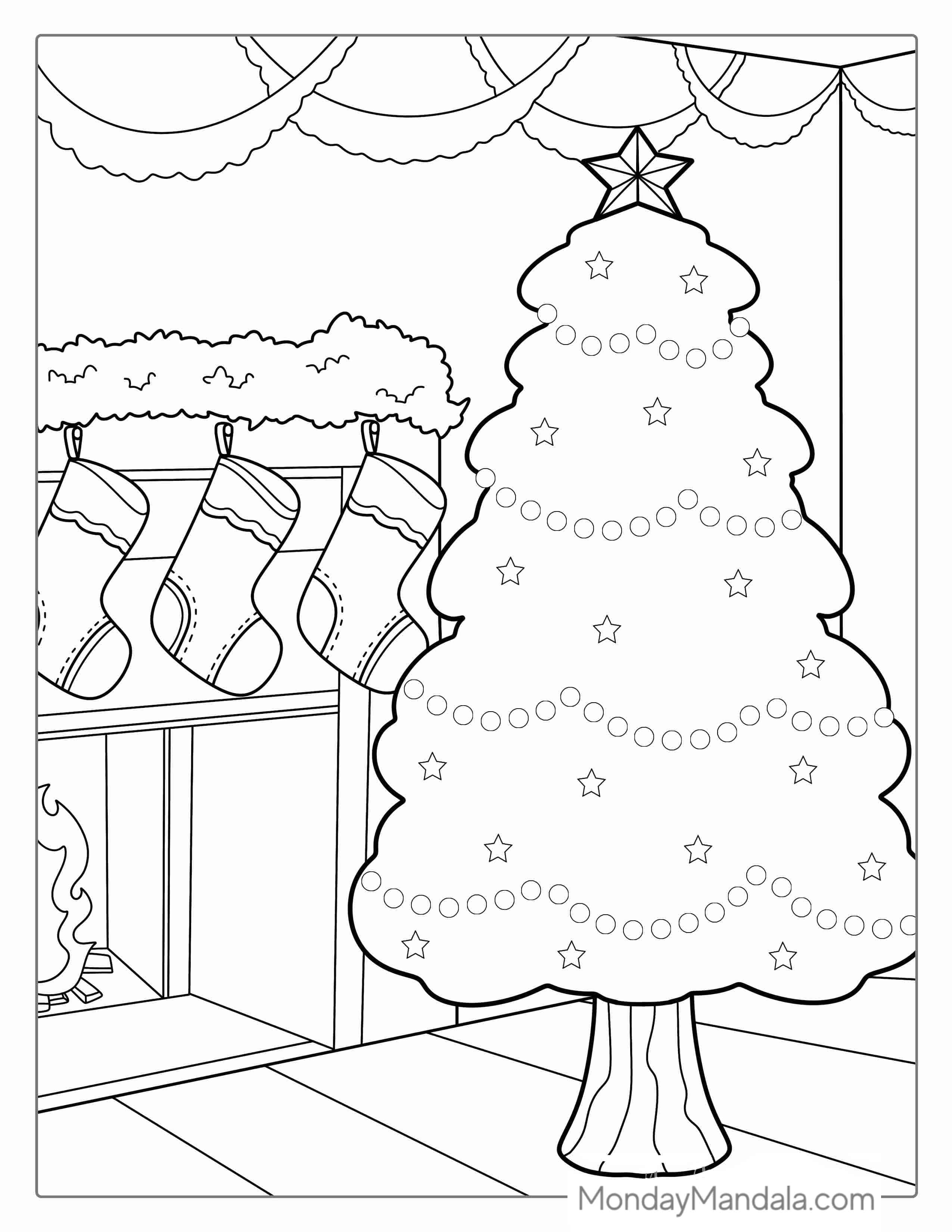 Christmas Tree And Stockings On Mantle coloring page