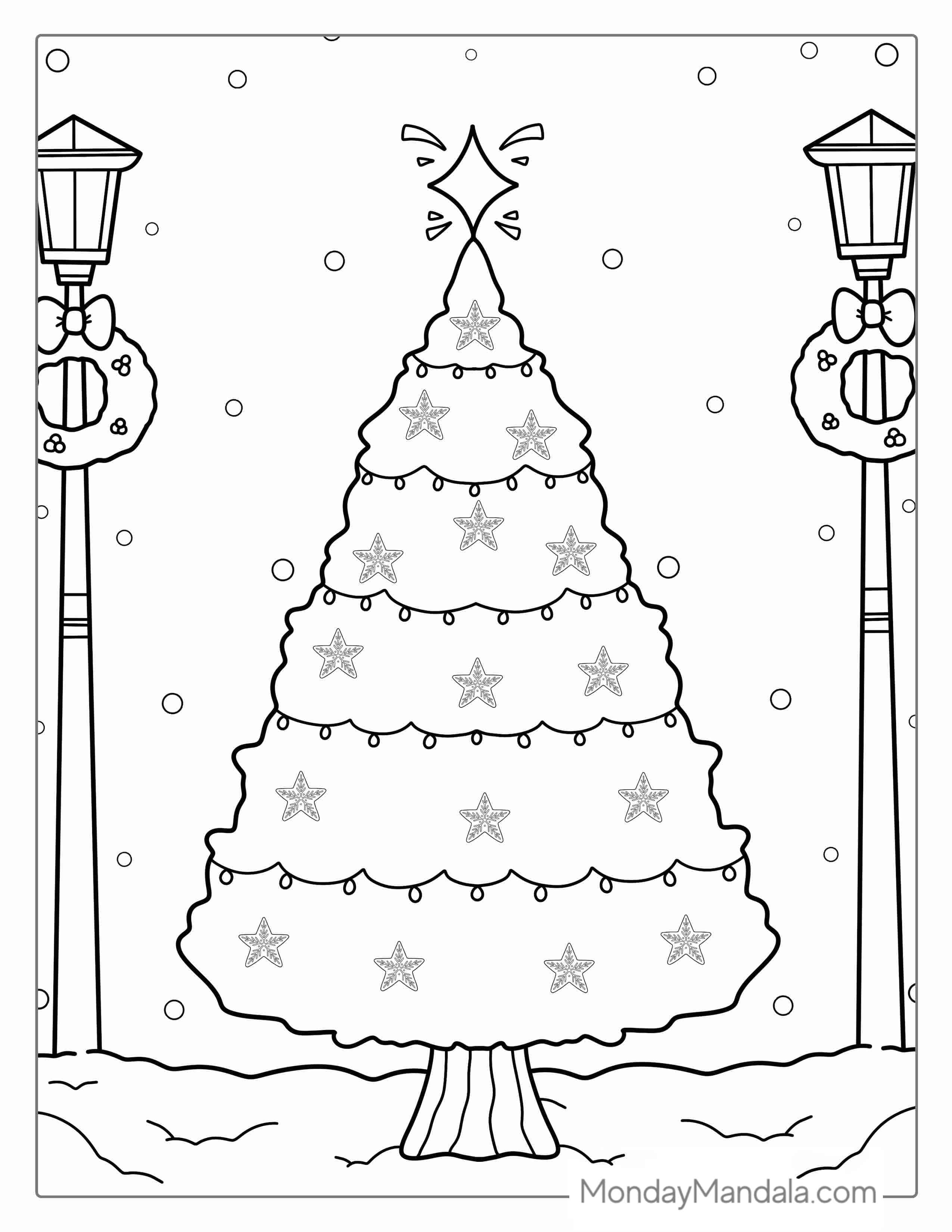 Christmas Tree In The Snow With Lamp Posts coloring page
