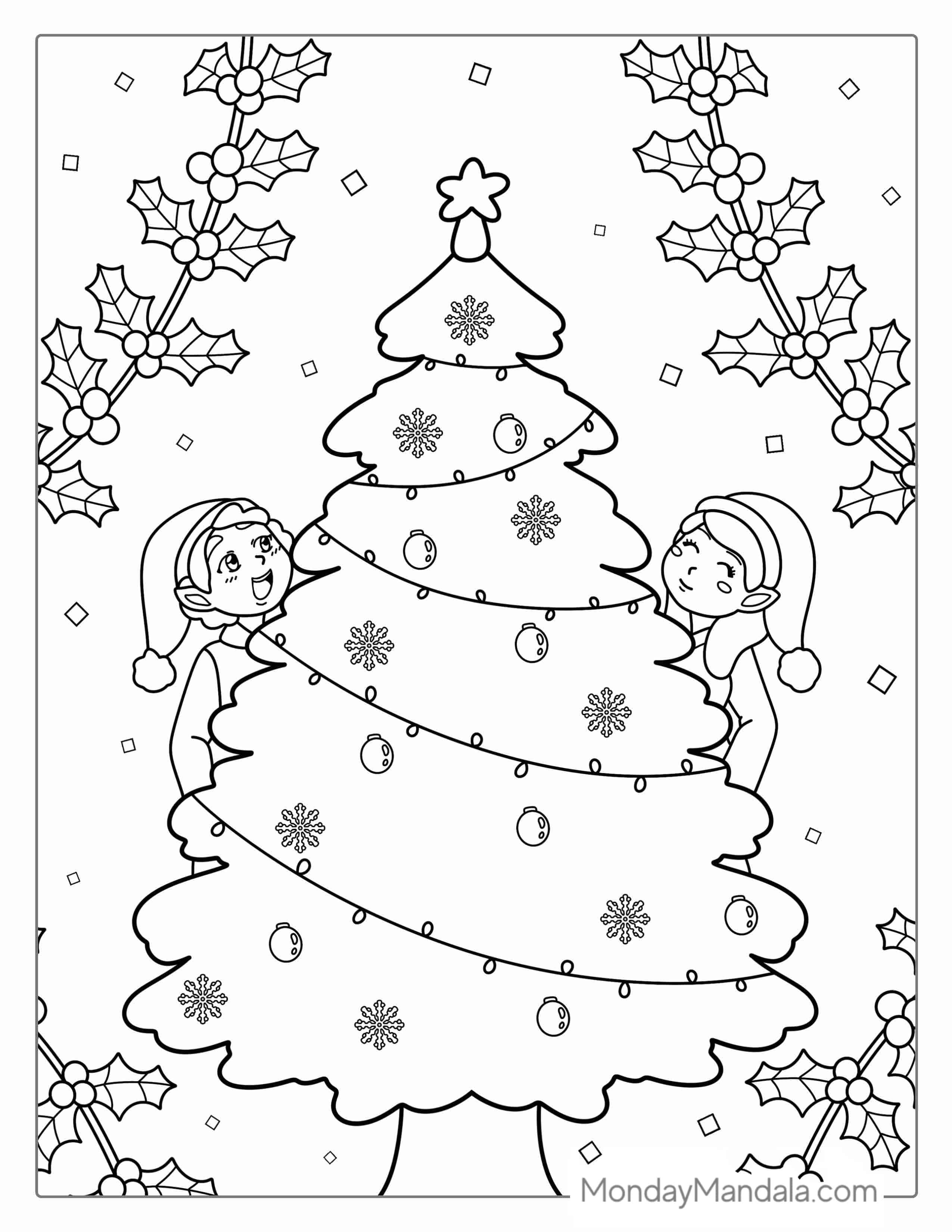 Christmas Tree With Elves Coloring Page coloring page