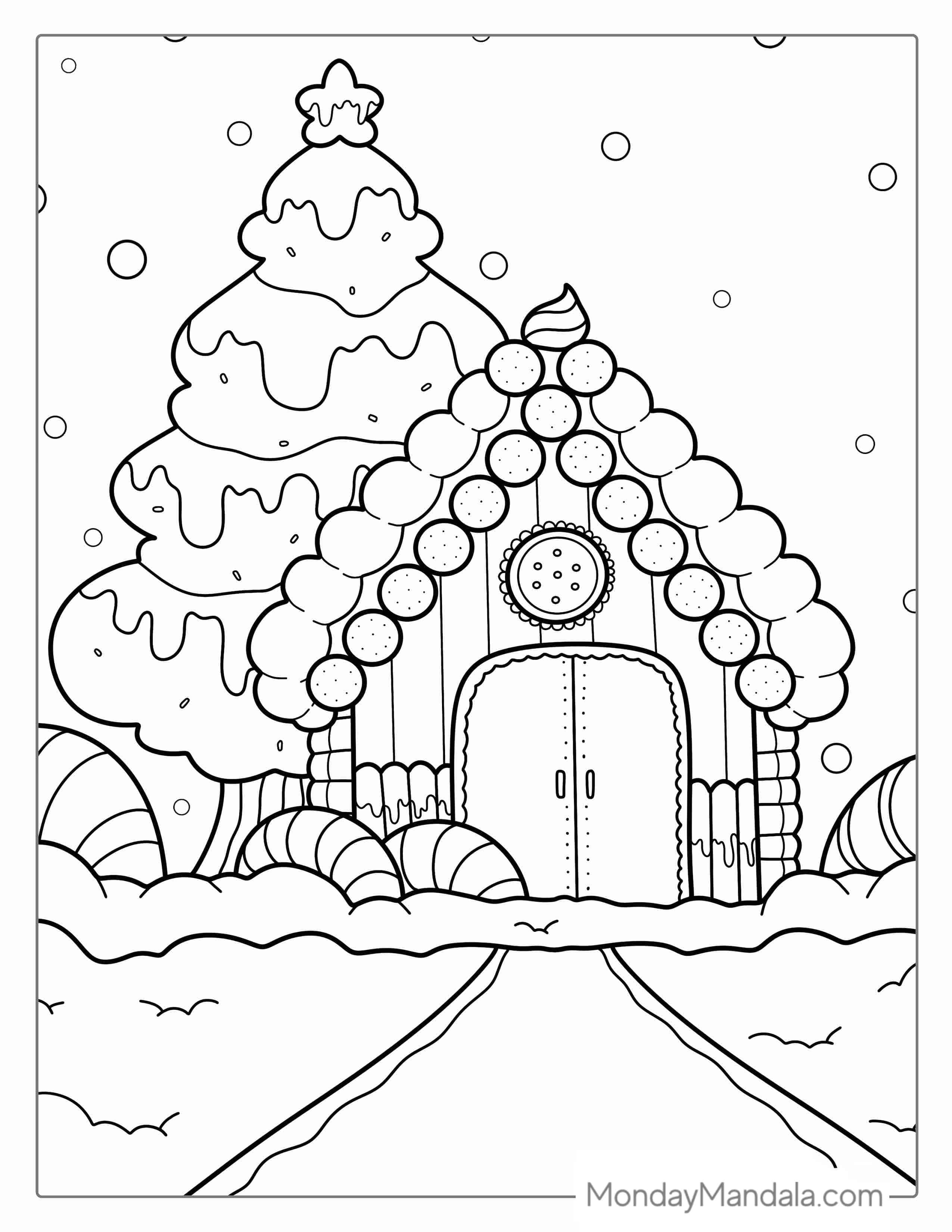 Christmas Tree With Gingerbread House coloring page