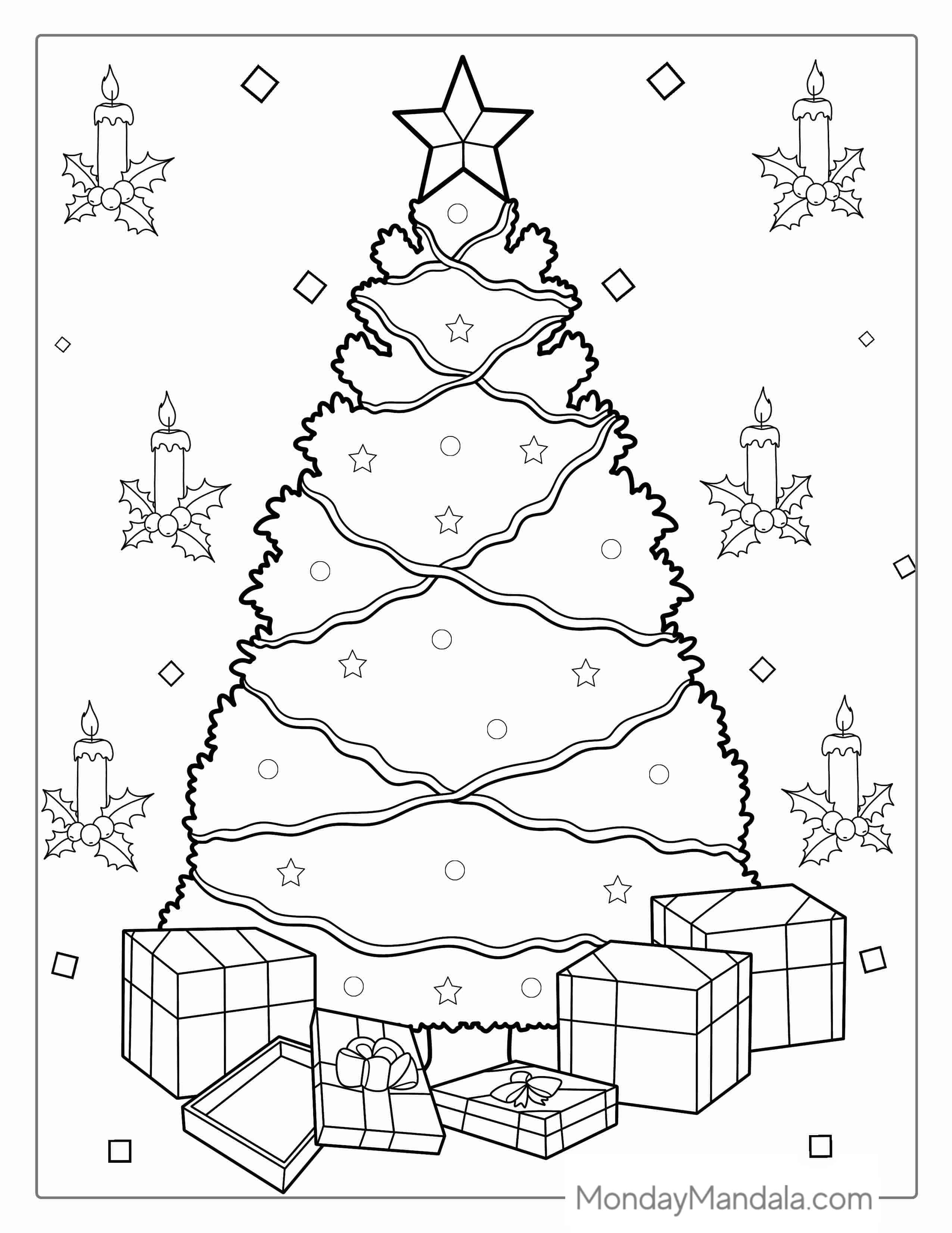 Christmas Tree With Light, Tinsel And Presents coloring page