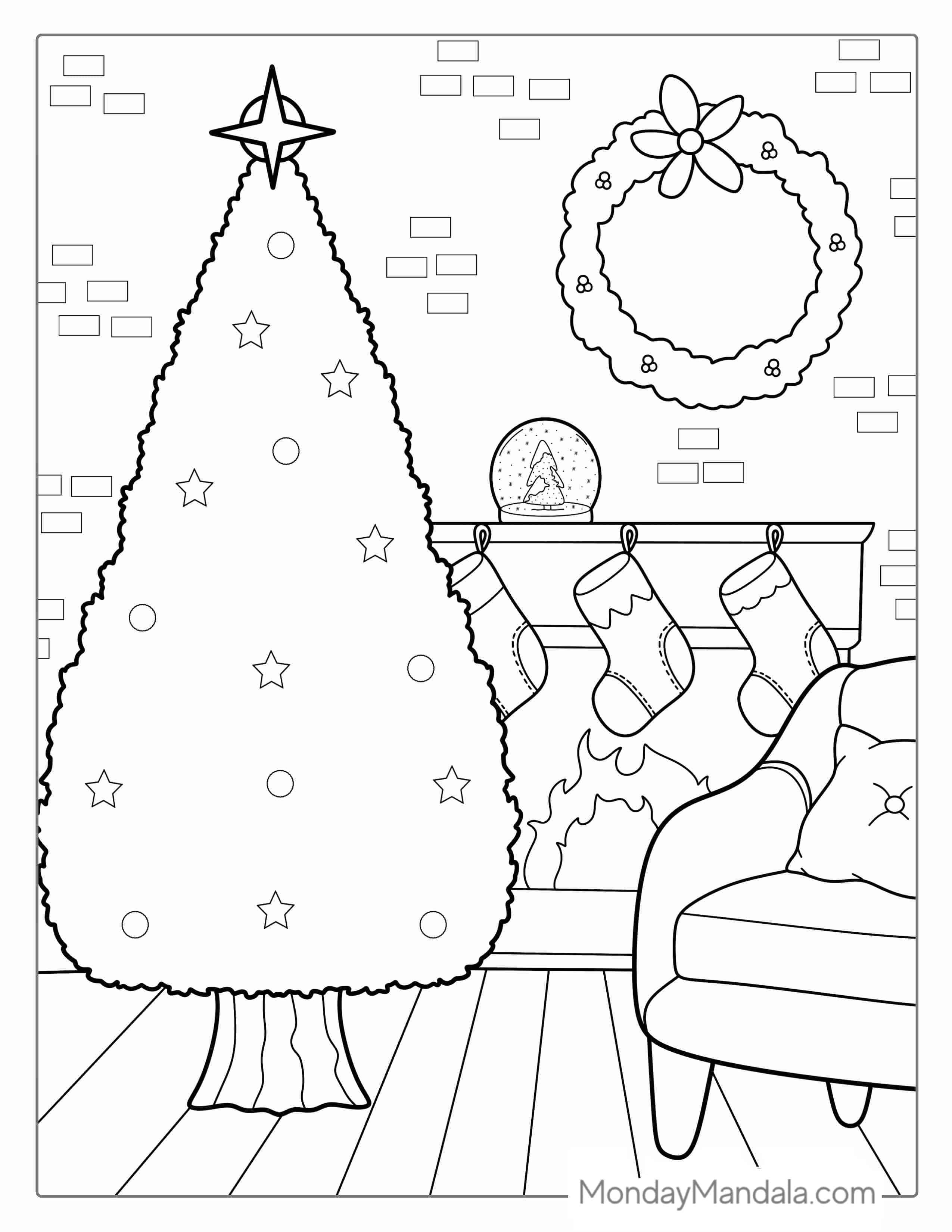 Christmas Tree With Star Next To Fire Place coloring page