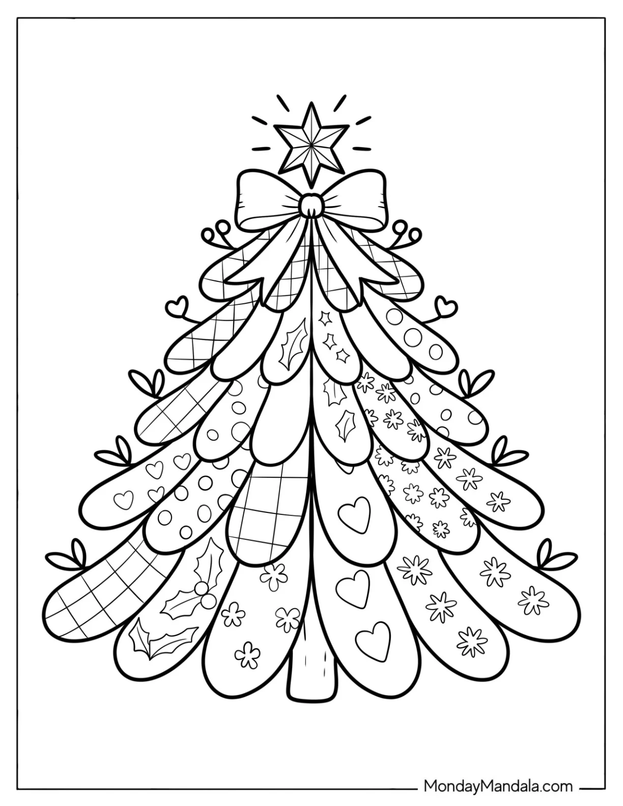 Easy Christmas Tree Coloring Page with a Bow and Sparkling Star coloring page