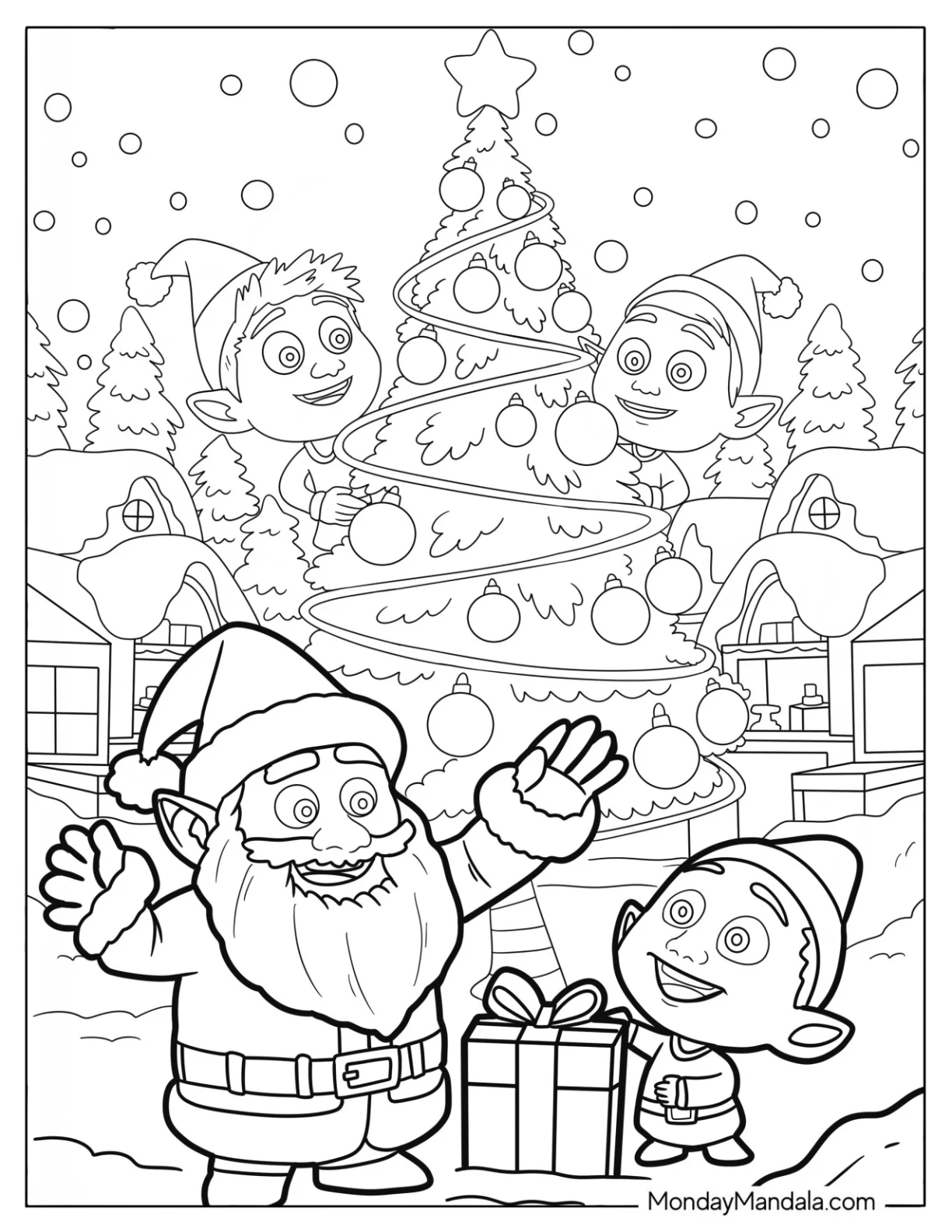 Elf Giving Santa a Present in Front of a Christmas Tree Coloring Page coloring page