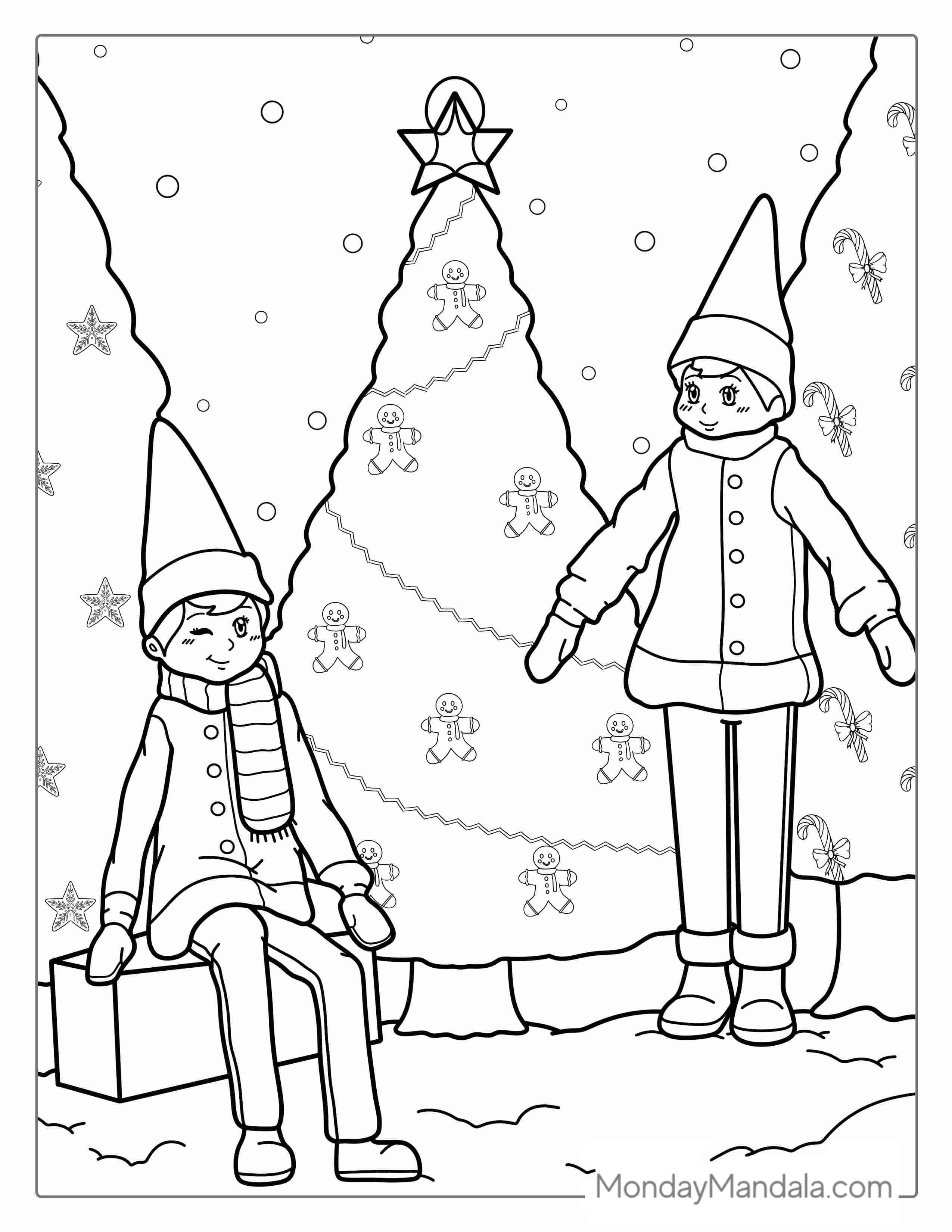 Elf On The Shelf With Christmas Tree To Color coloring page