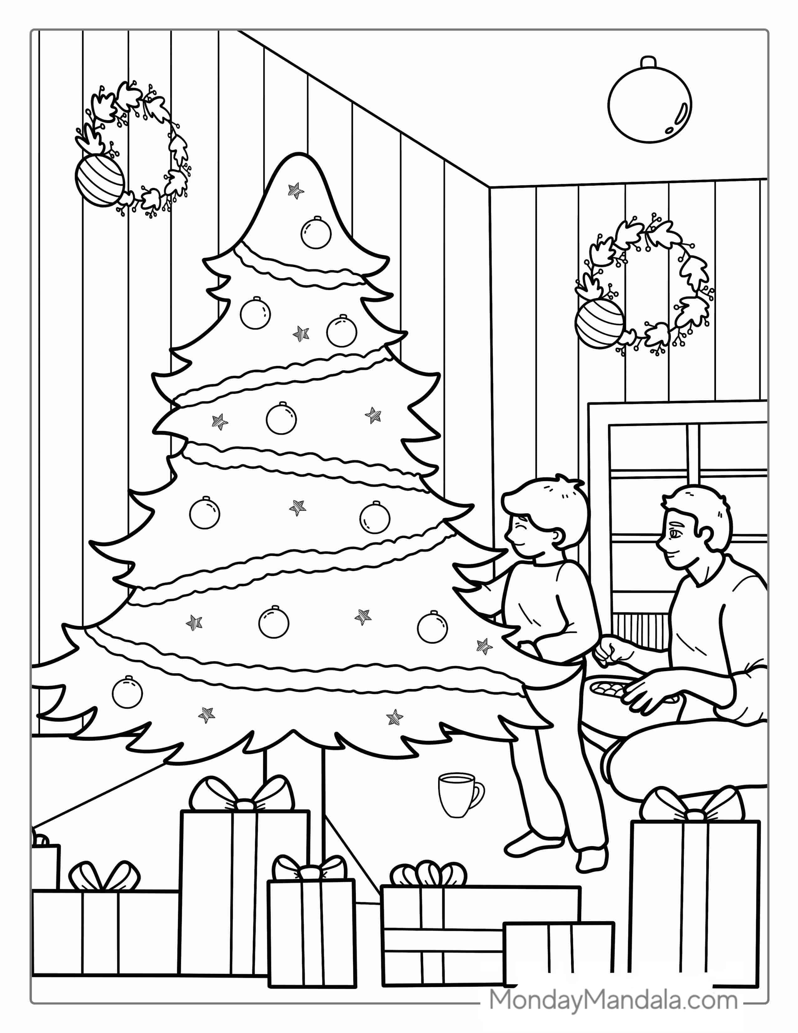 Family Decorating a Christmas Tree coloring page