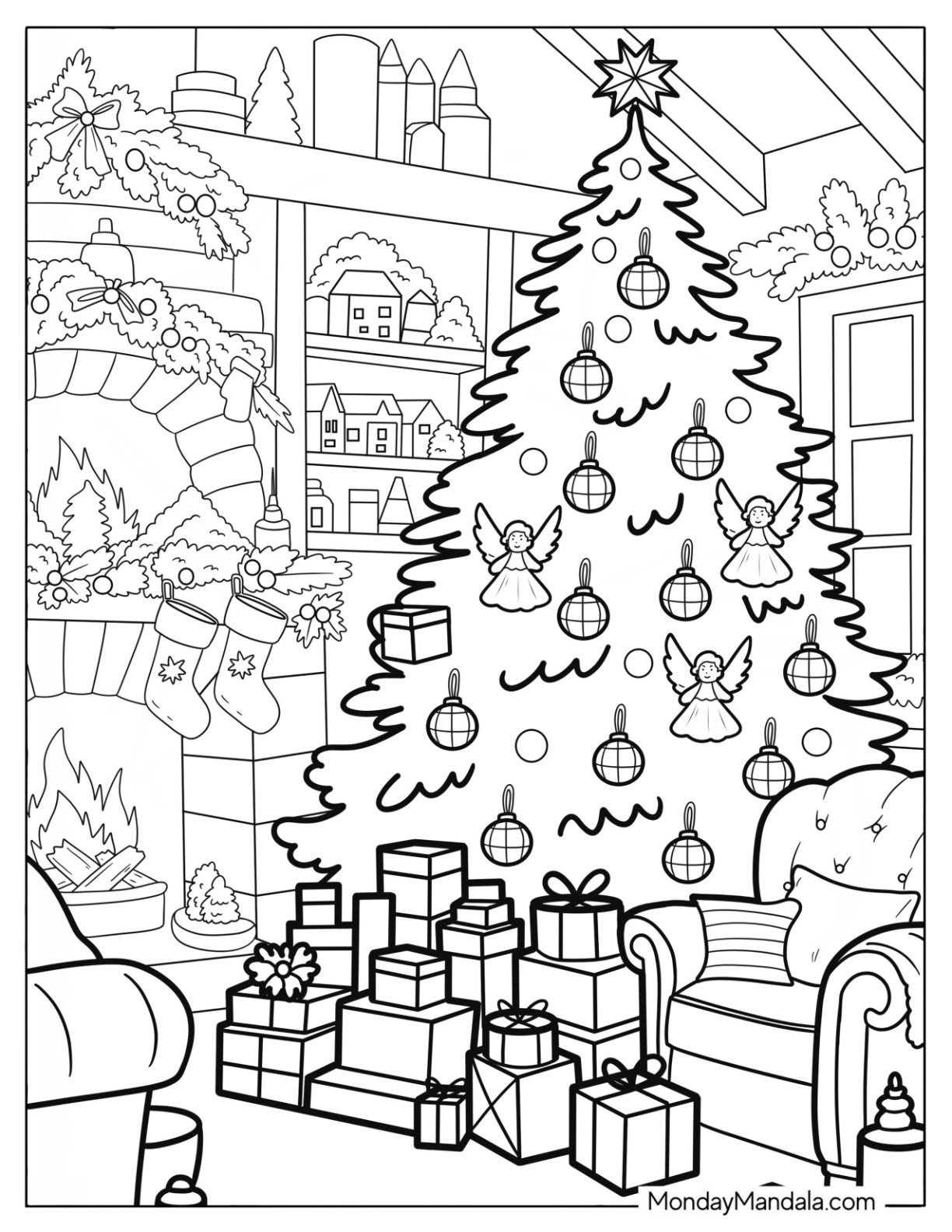 Festive Christmas Tree Coloring Page Next to the Fireplace and Armchairs coloring page