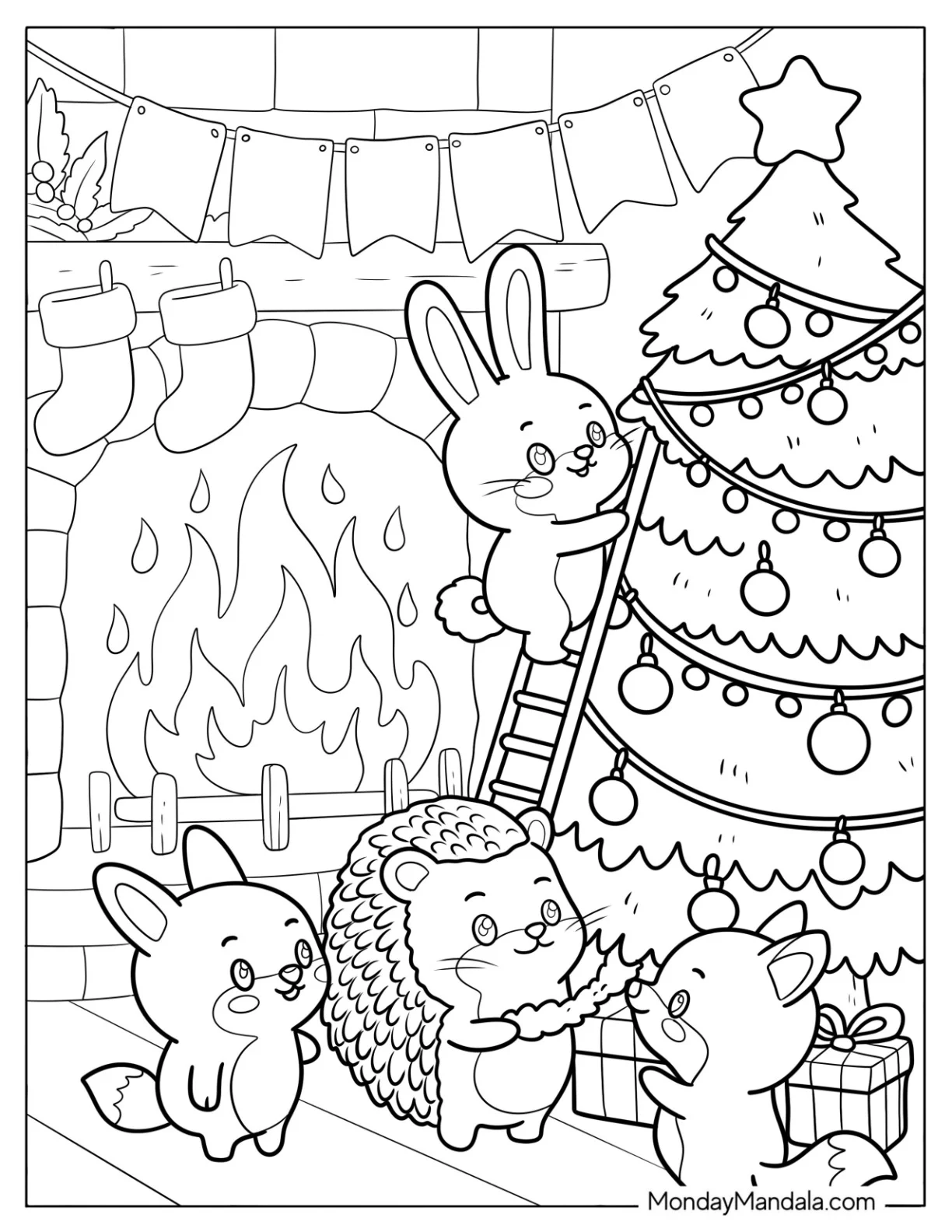 Forest Animals Decorating a Christmas Tree Coloring Page by the Fireplace coloring page