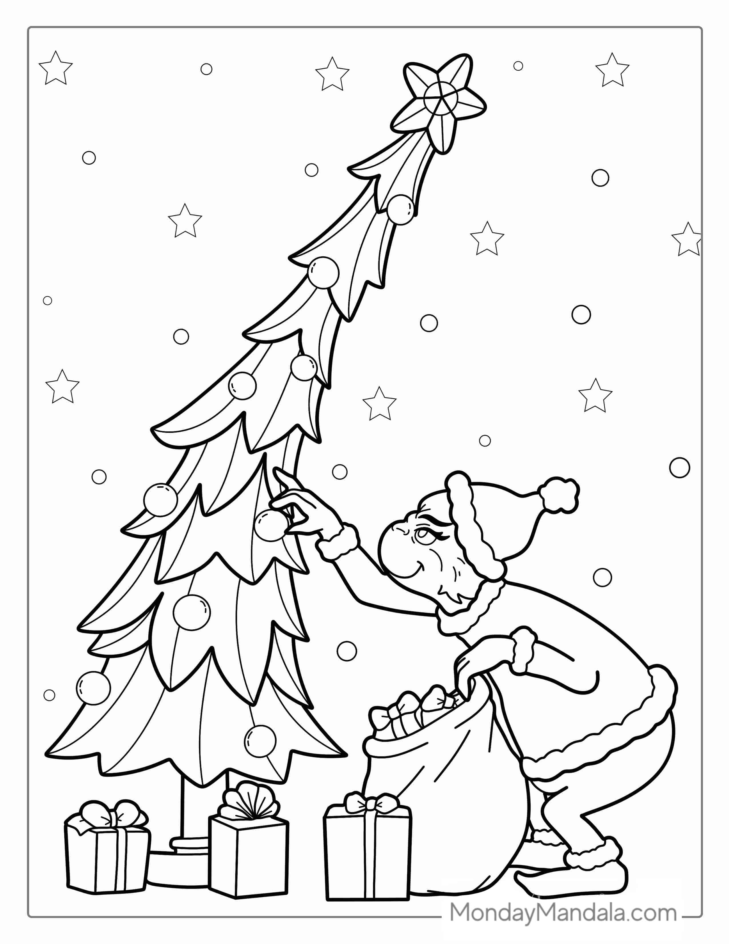Grinch Stealing Presents And Ornaments From Christmas Tree coloring page