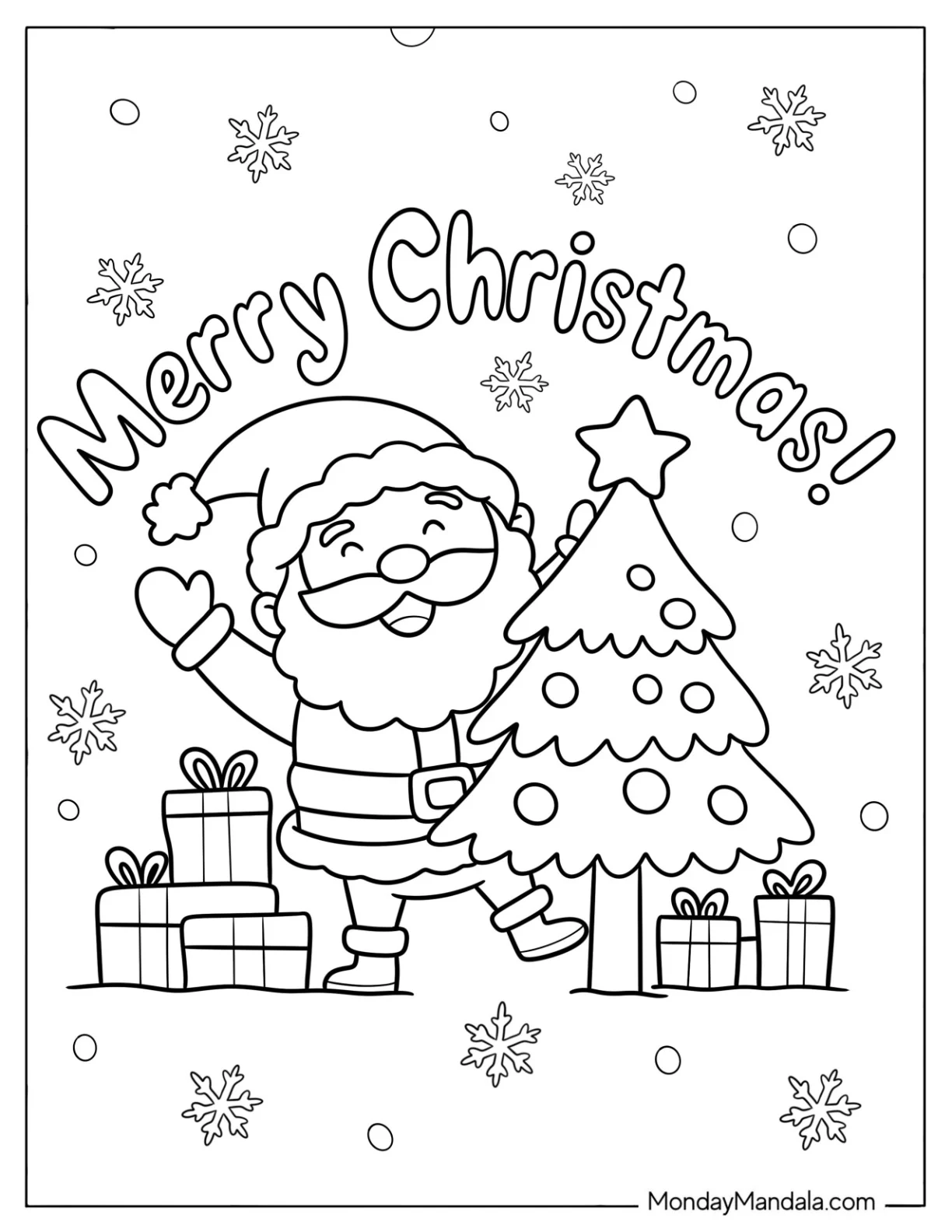 Jolly Santa Claus Decorating a Christmas Tree Coloring Page for Kids coloring page