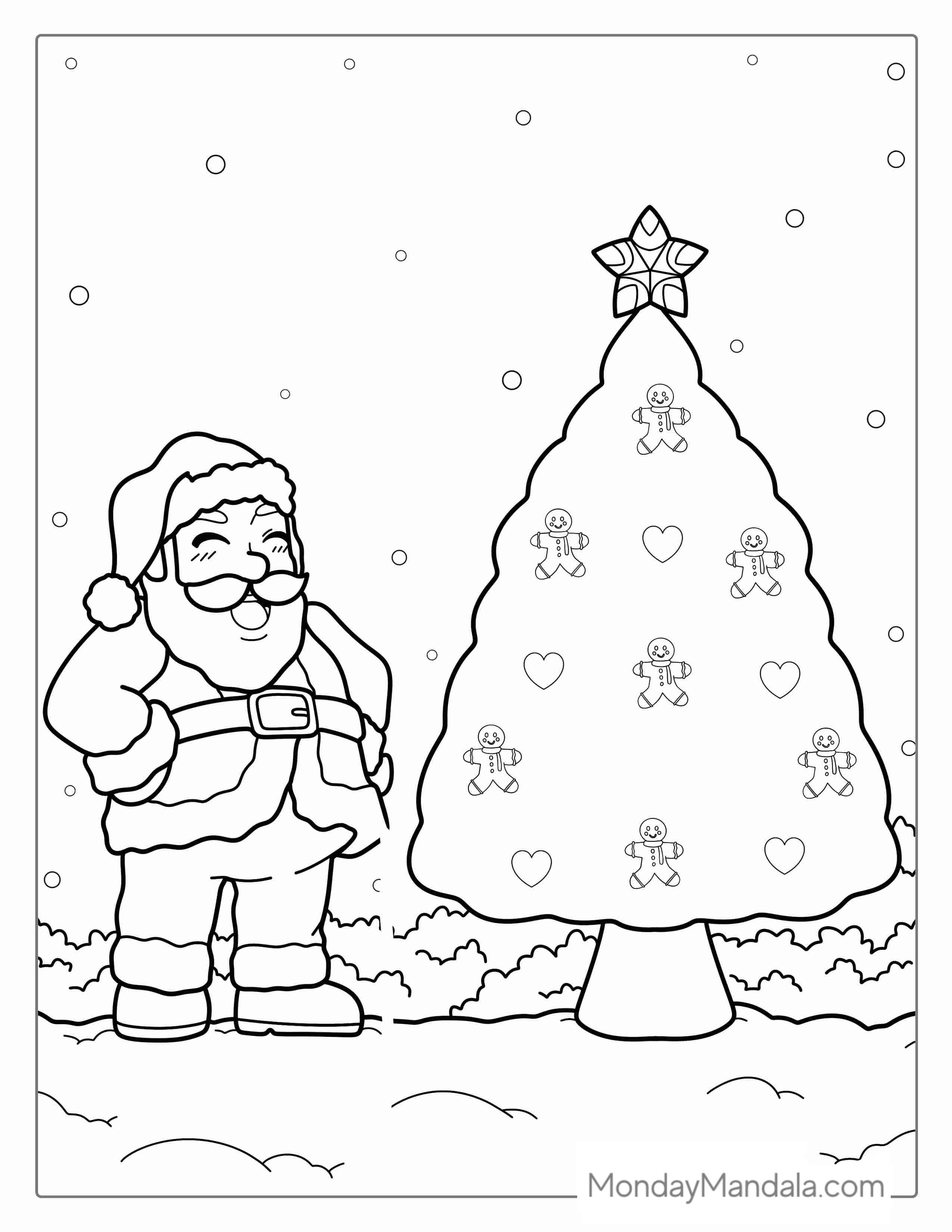 Jolly Santa Next To Christmas Tree coloring page