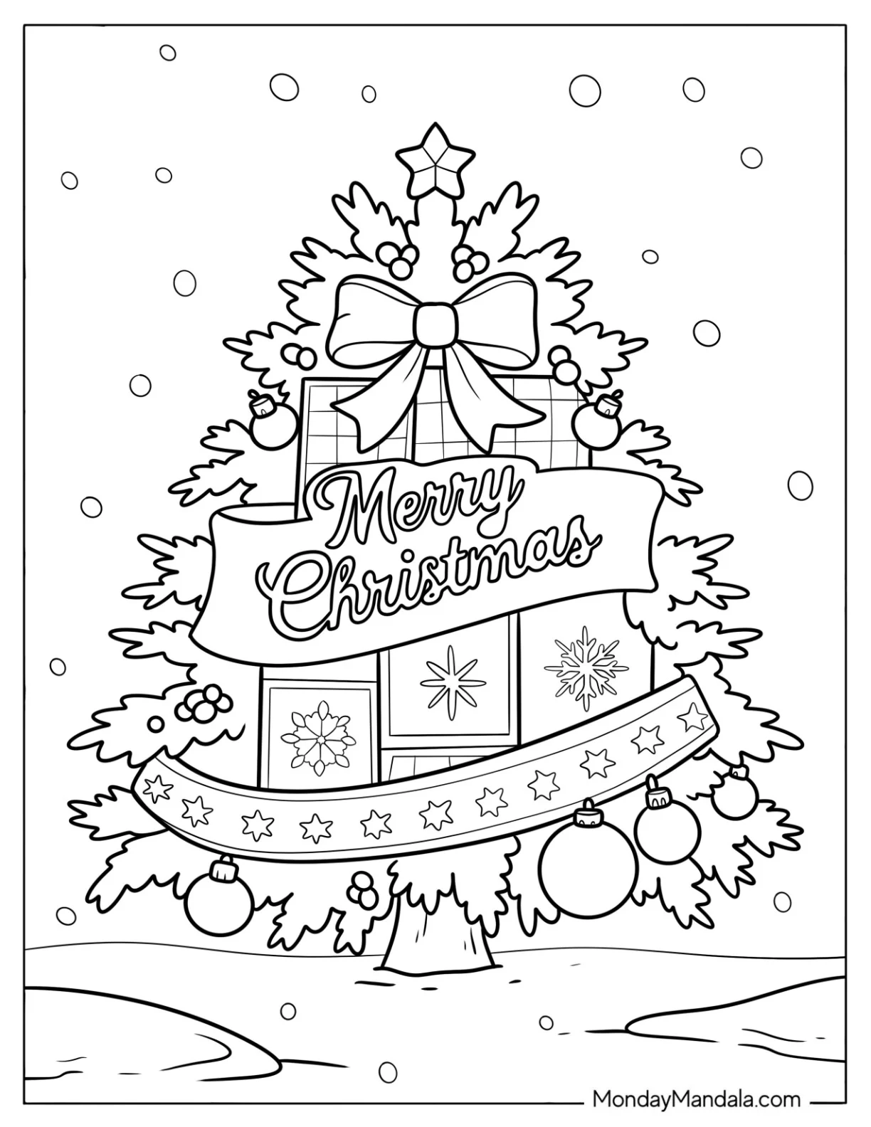 Large Christmas Tree Coloring Page with Bow, Banners, and Baubles coloring page