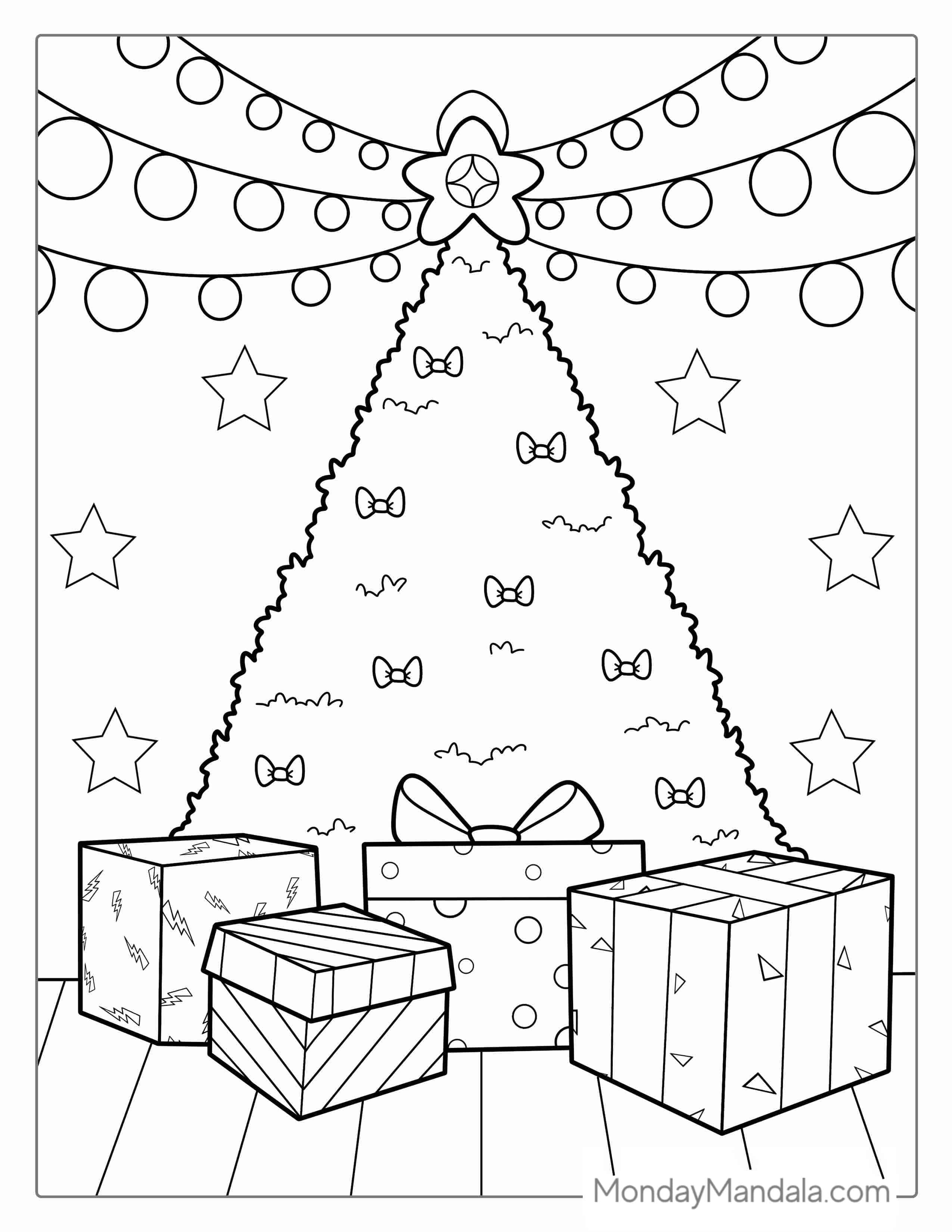 Large Christmas Tree With Lights And Decorations coloring page