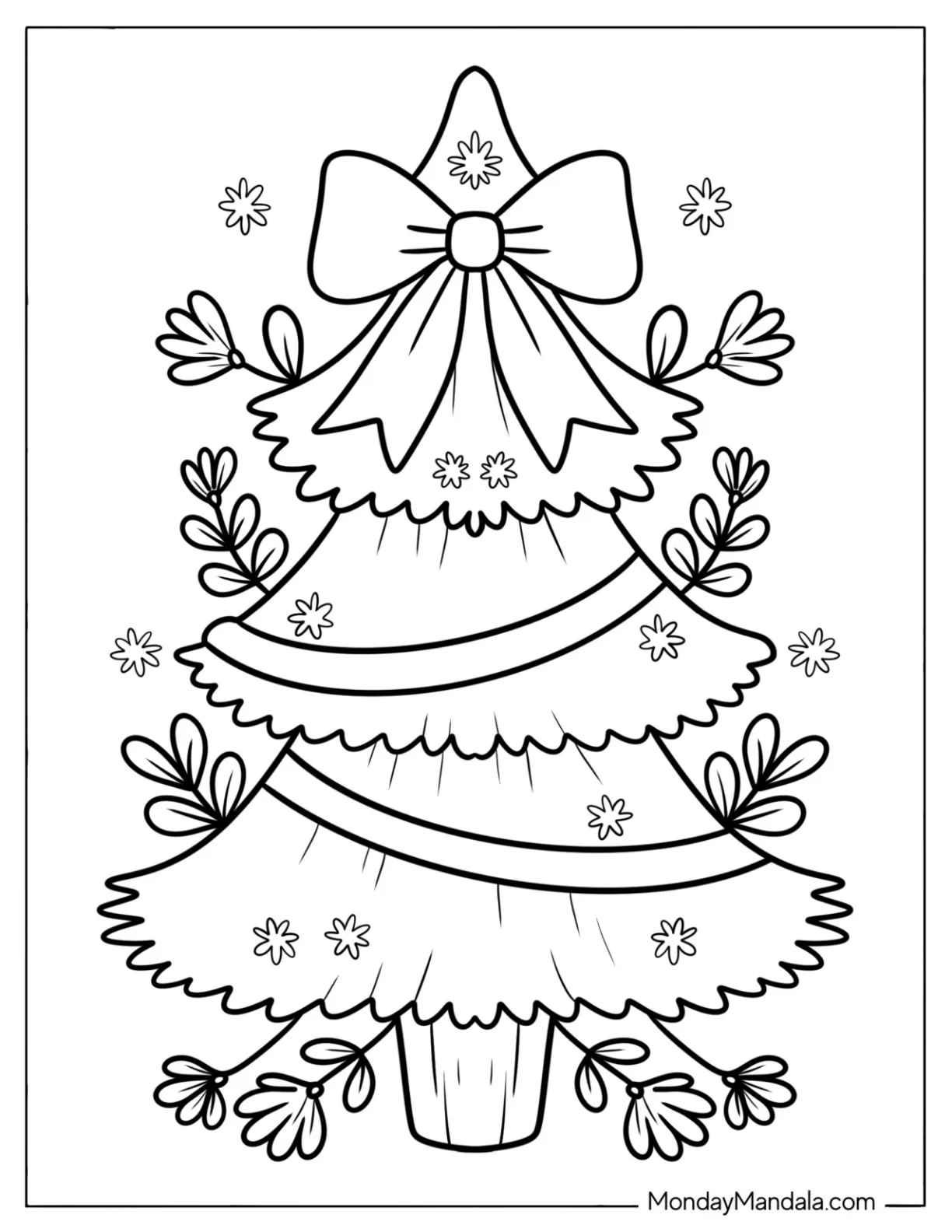 Lovely Christmas Tree Coloring Page with a Bow and Snowflakes for Preschoolers coloring page