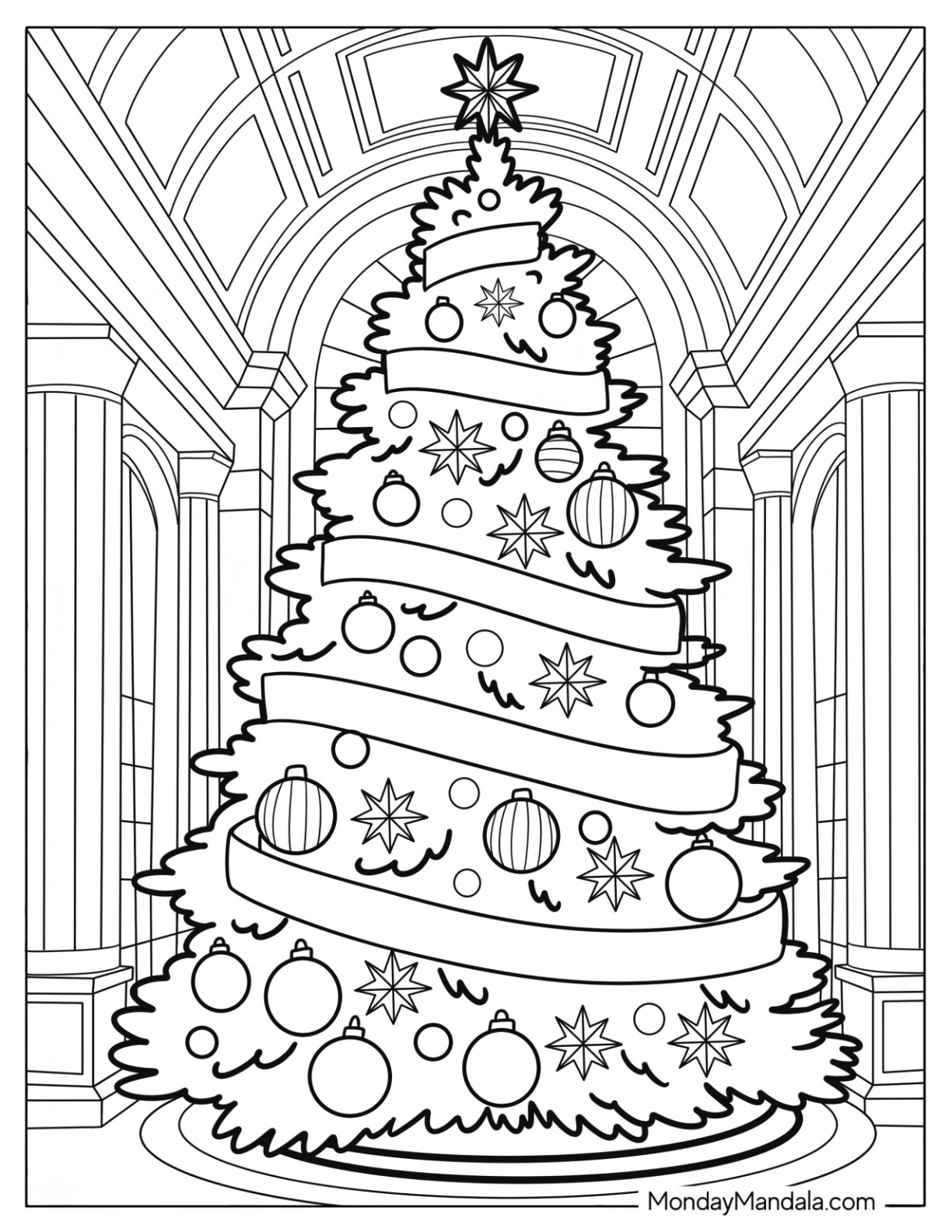 Realistic Christmas Tree Coloring Page in an Old Building coloring page