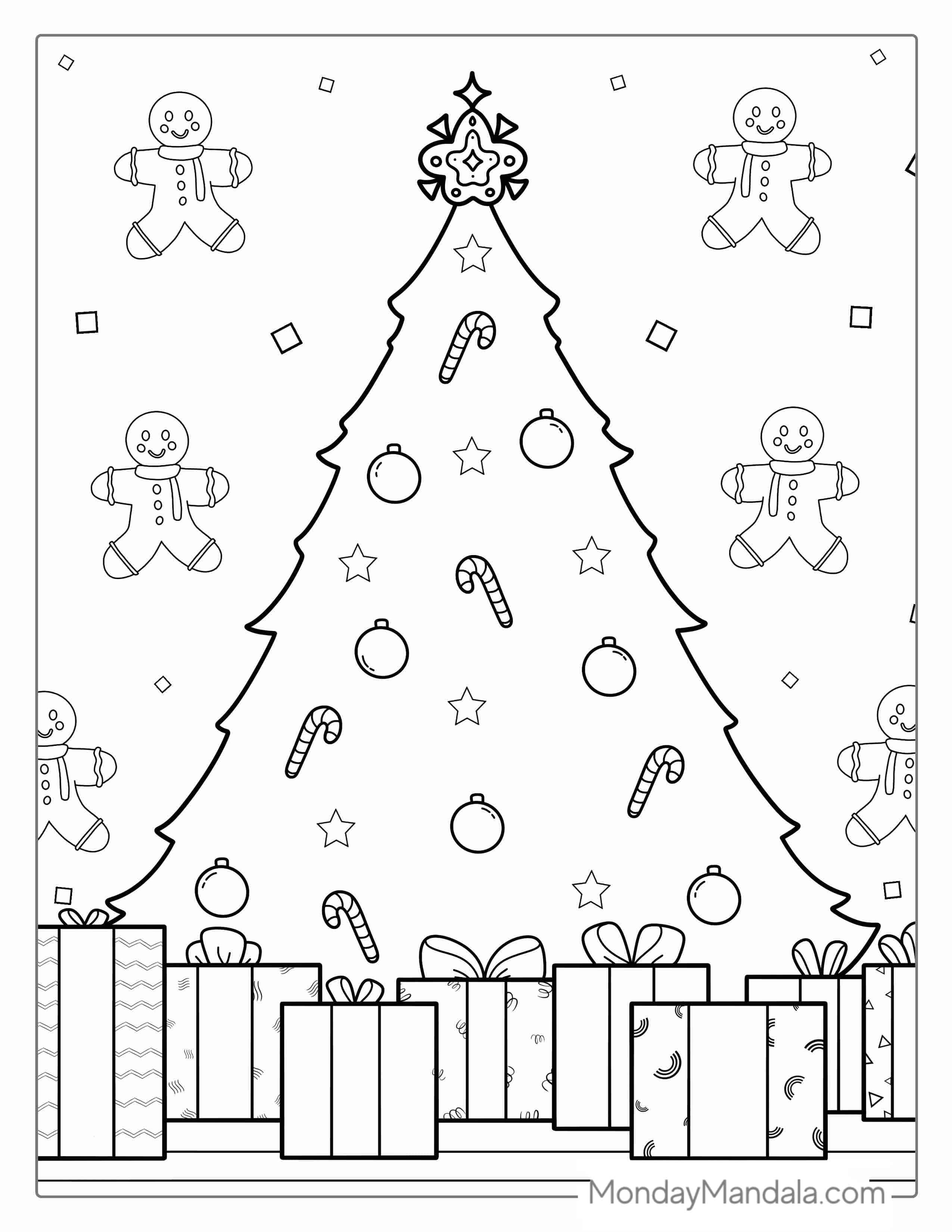 Realistic Christmas Tree With Lots Of Presents coloring page