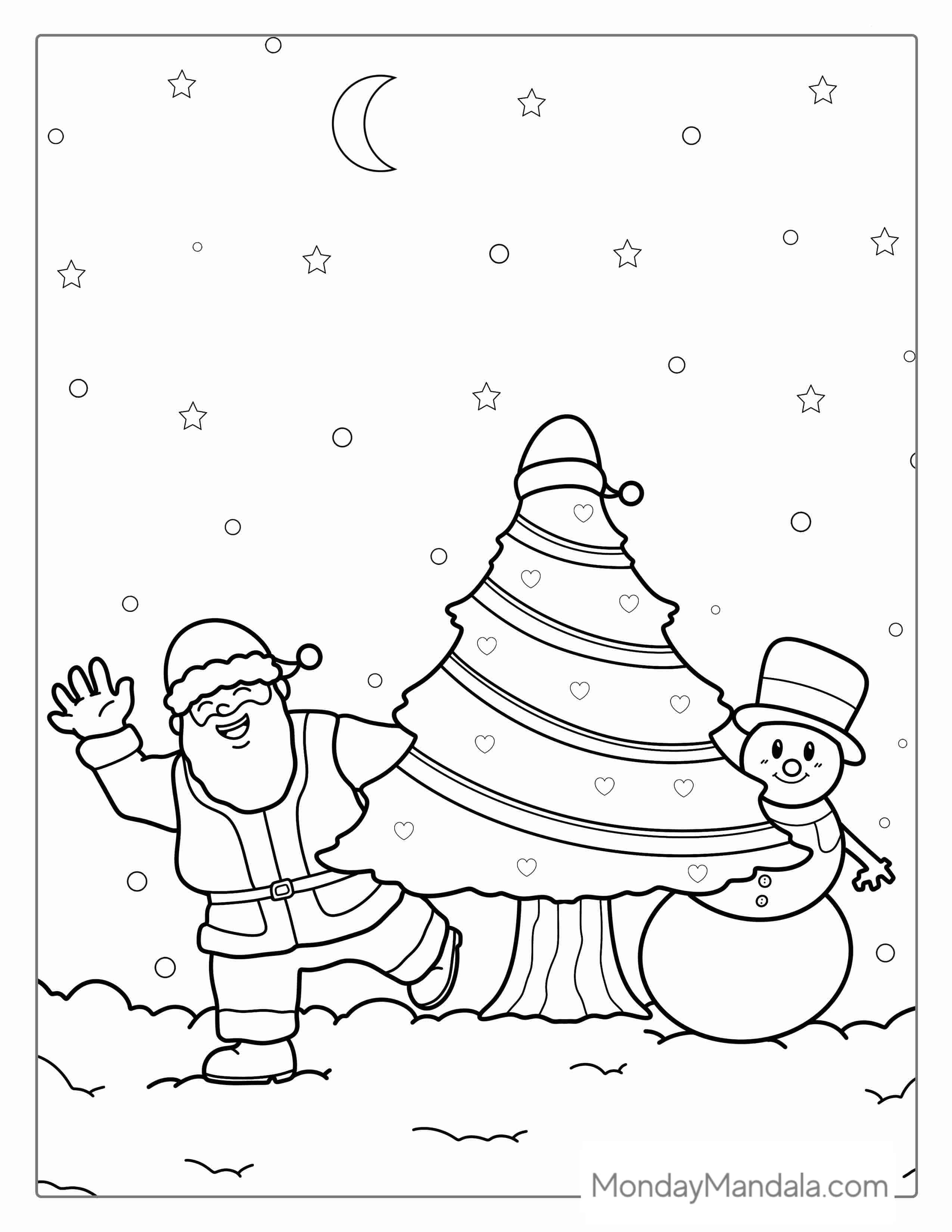 Santa And a Snowman With Christmas Tree coloring page