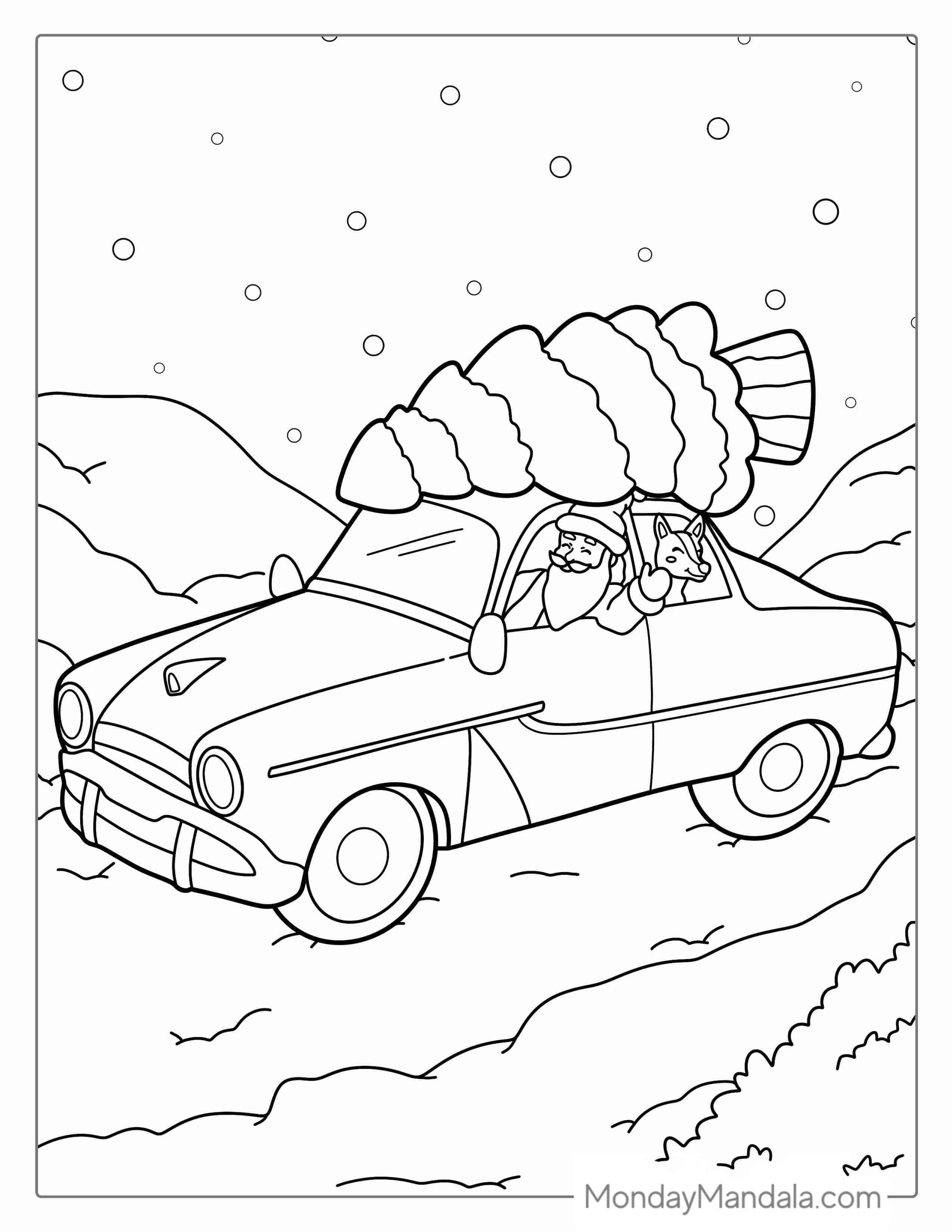 Santa With Christmas Tree On Car coloring page