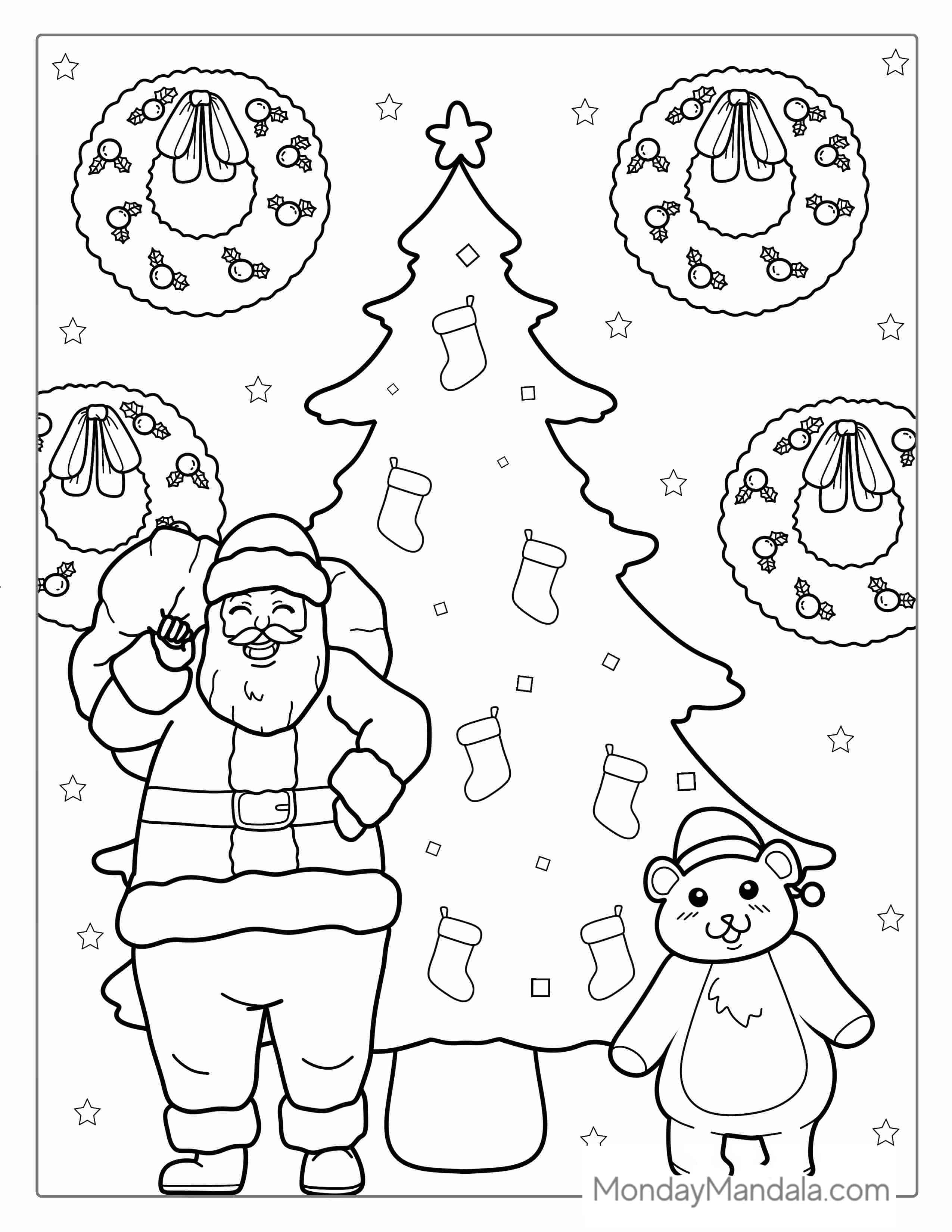 Santa With Sack Of Presents Next To Christmas Tree coloring page