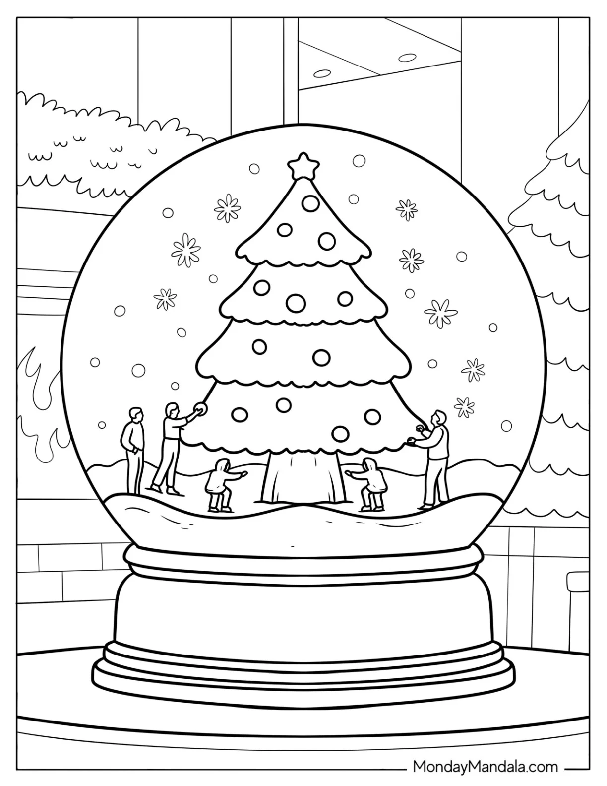 Snow Globe with Christmas Tree Coloring Page, People, and Snowflakes coloring page