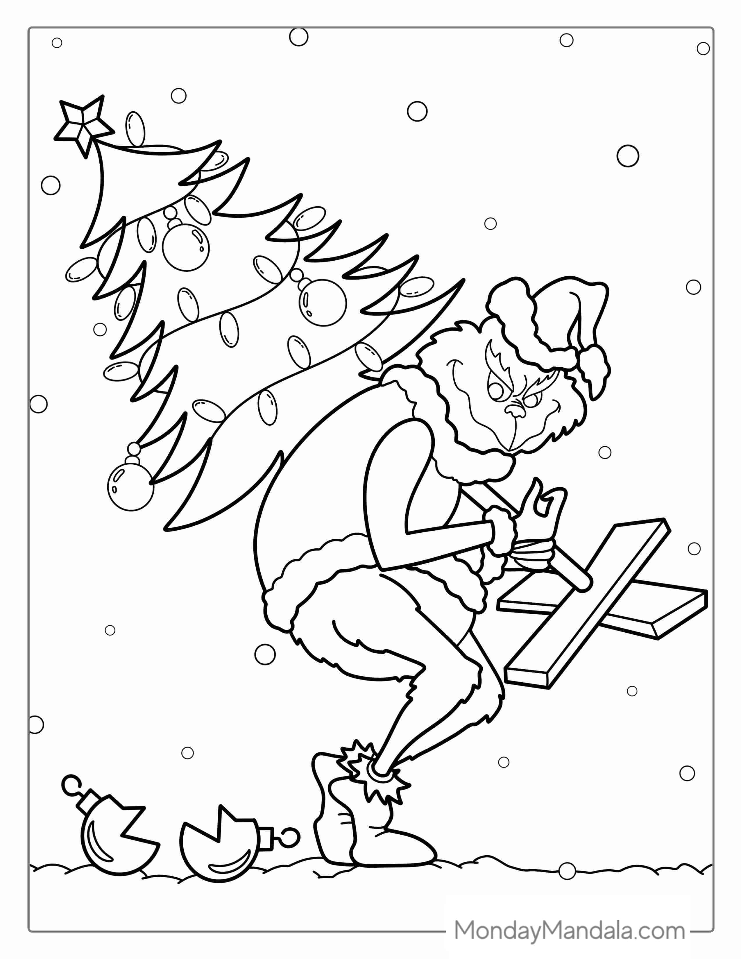The Grinch Stealing a Christmas Tree Coloring Sheet coloring page