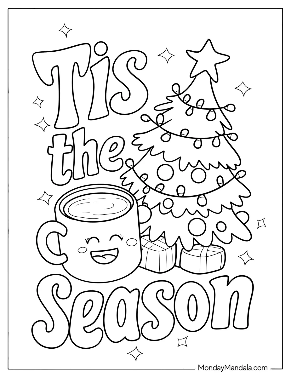 This is the Season Text with Christmas Tree Coloring Page and Smiling Mug for Kids coloring page