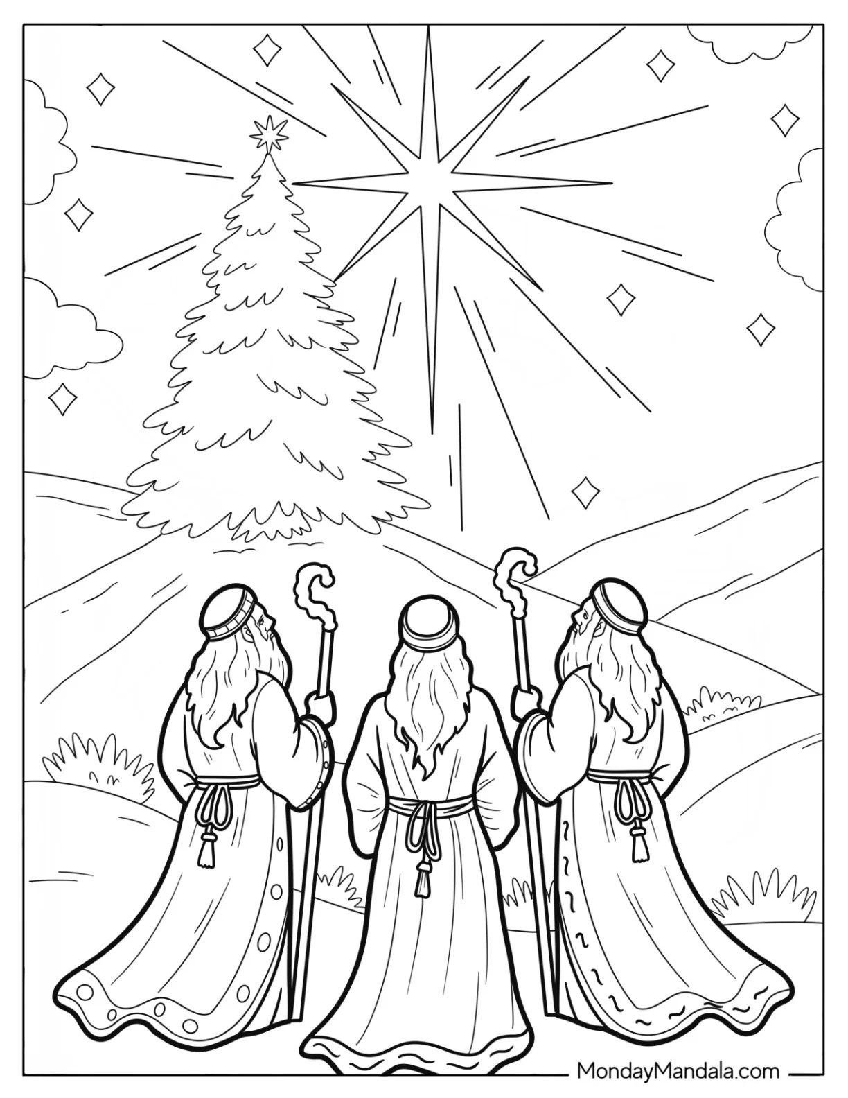 Three Wise Men Kneeling in Front of the Star and a Christmas Tree coloring page