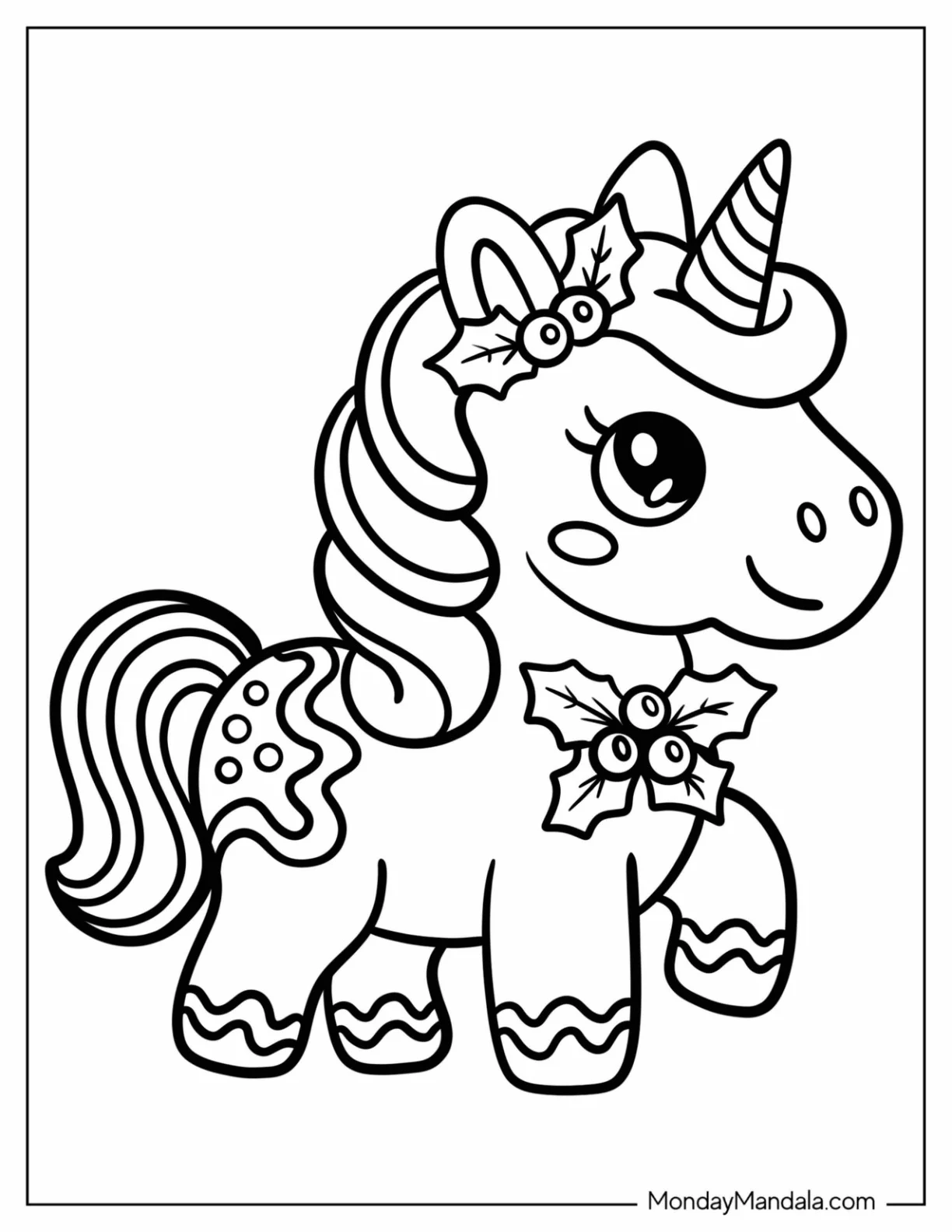 Adorable Christmas Unicorn Coloring Page Wearing Hollies for Preschoolers coloring page