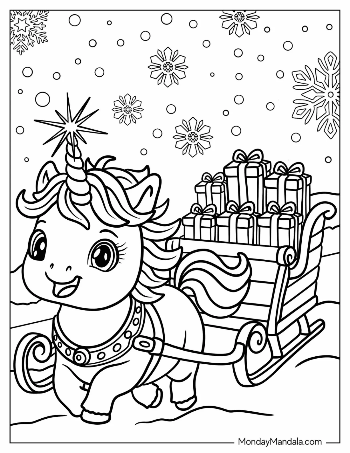 Baby Christmas Unicorn Coloring Page Pulling a Sleigh with Presents coloring page — printable line art