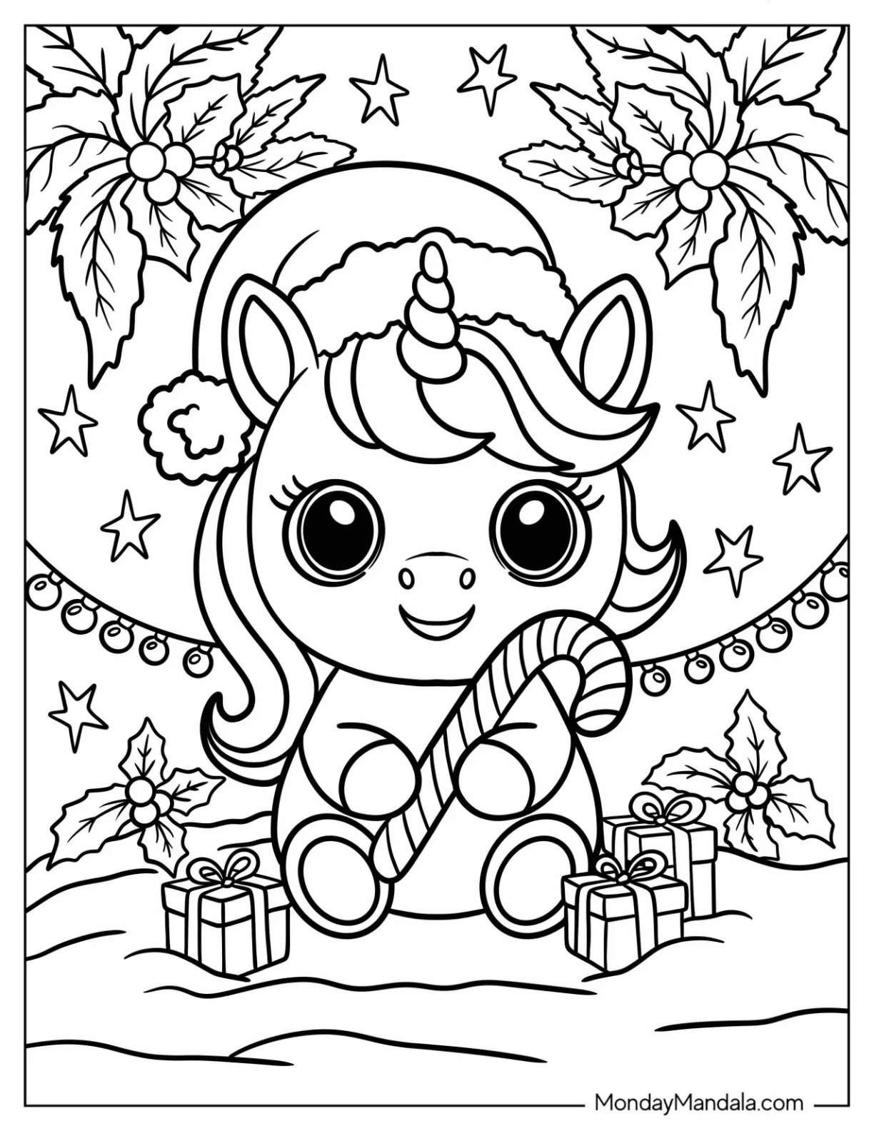 Cartoon Christmas Unicorn Coloring Page Hugging a Candy Cane for Preschoolers coloring page