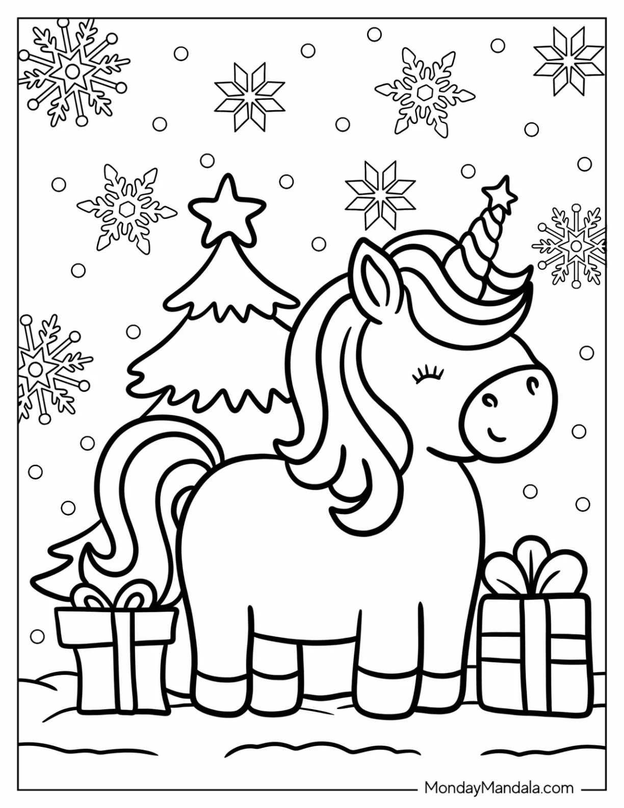 Cheerful Christmas Unicorn Coloring Page Next to Presents for Preschoolers coloring page
