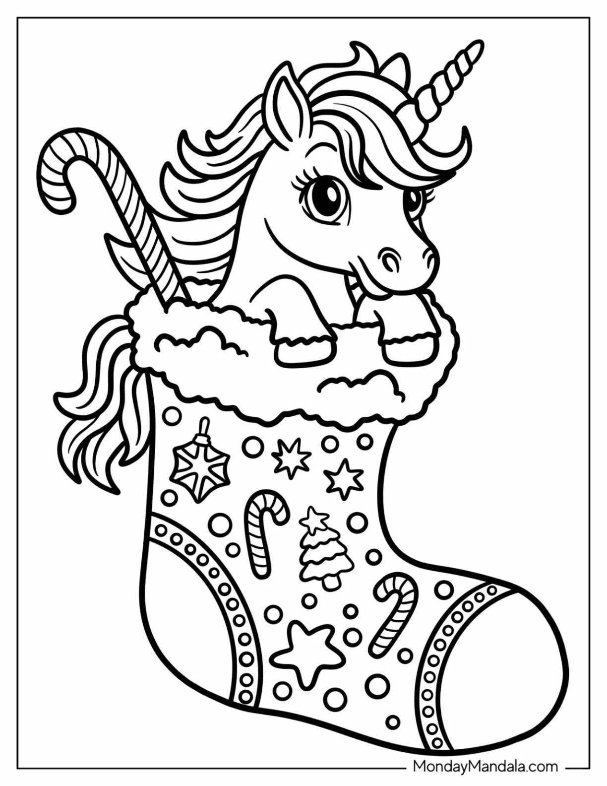 Christmas Unicorn Coloring Page in a Stocking with Candy Canes and Decor for Kids coloring page