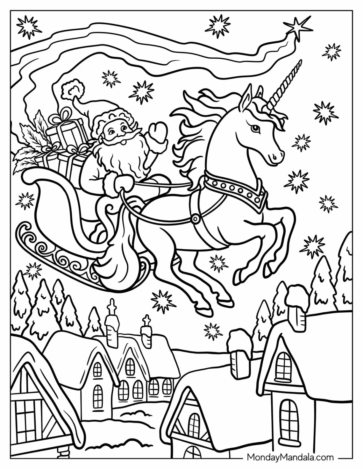 Christmas Unicorn Coloring Page Pulling Santa s Sleigh Over a Winter Town coloring page