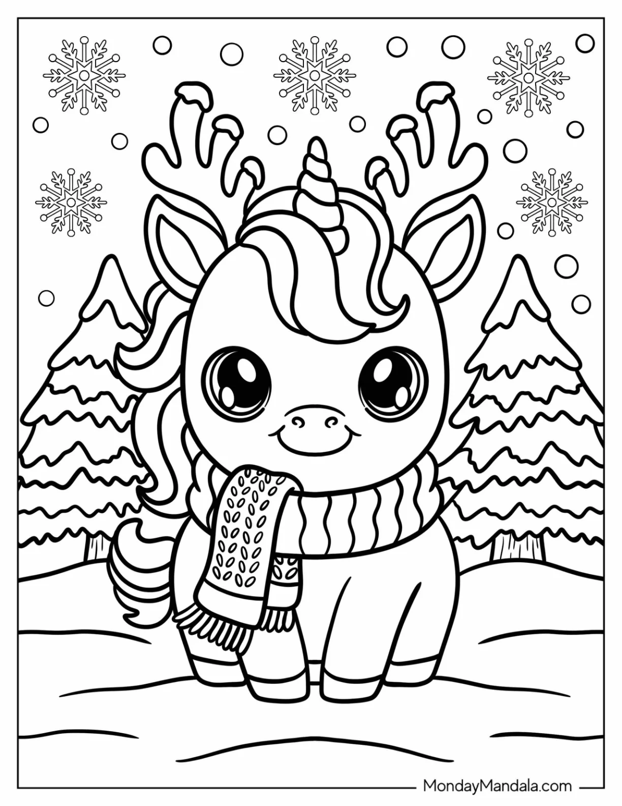 Christmas Unicorn Coloring Page with a Scarf in a Winter Forest for Preschoolers coloring page