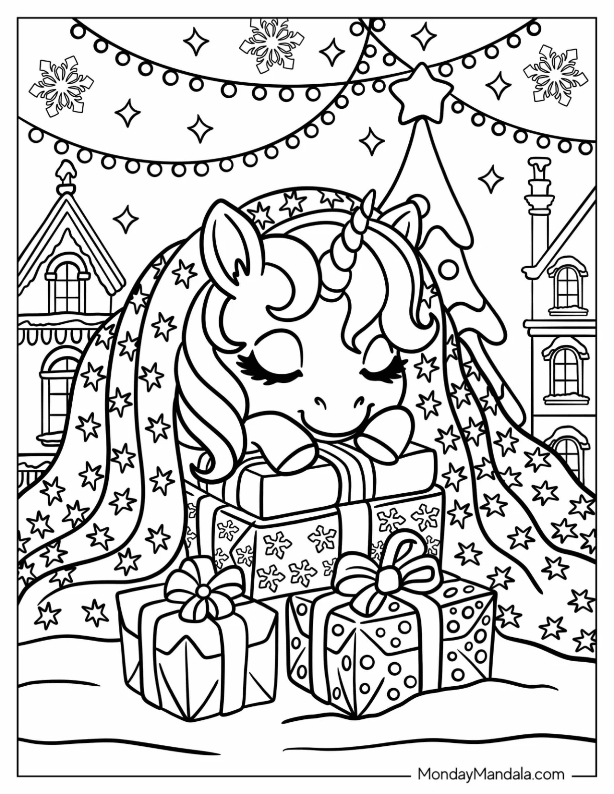 Cozy Christmas Unicorn Coloring Page Sleeping Under a Starry Blanket with Presents coloring page — printable line art