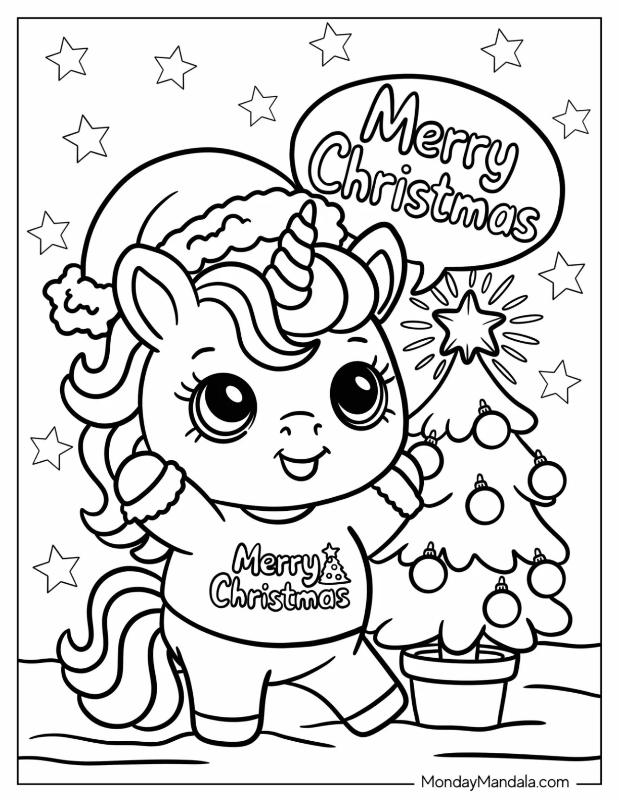 Dancing Christmas Unicorn Coloring Page Next to a Tree with Stars for Kids coloring page