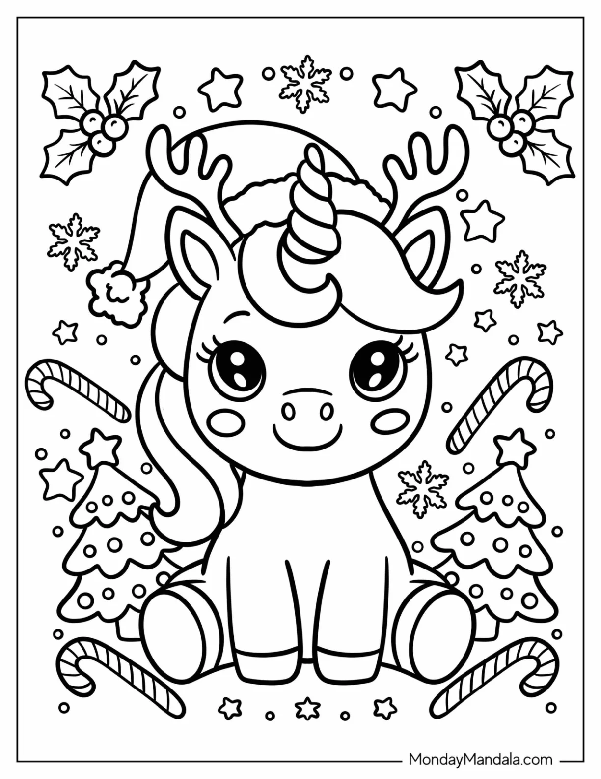 Easy Christmas Unicorn Coloring Page Surrounded by Candy Canes, Snowflakes, and Trees for Preschoolers coloring page