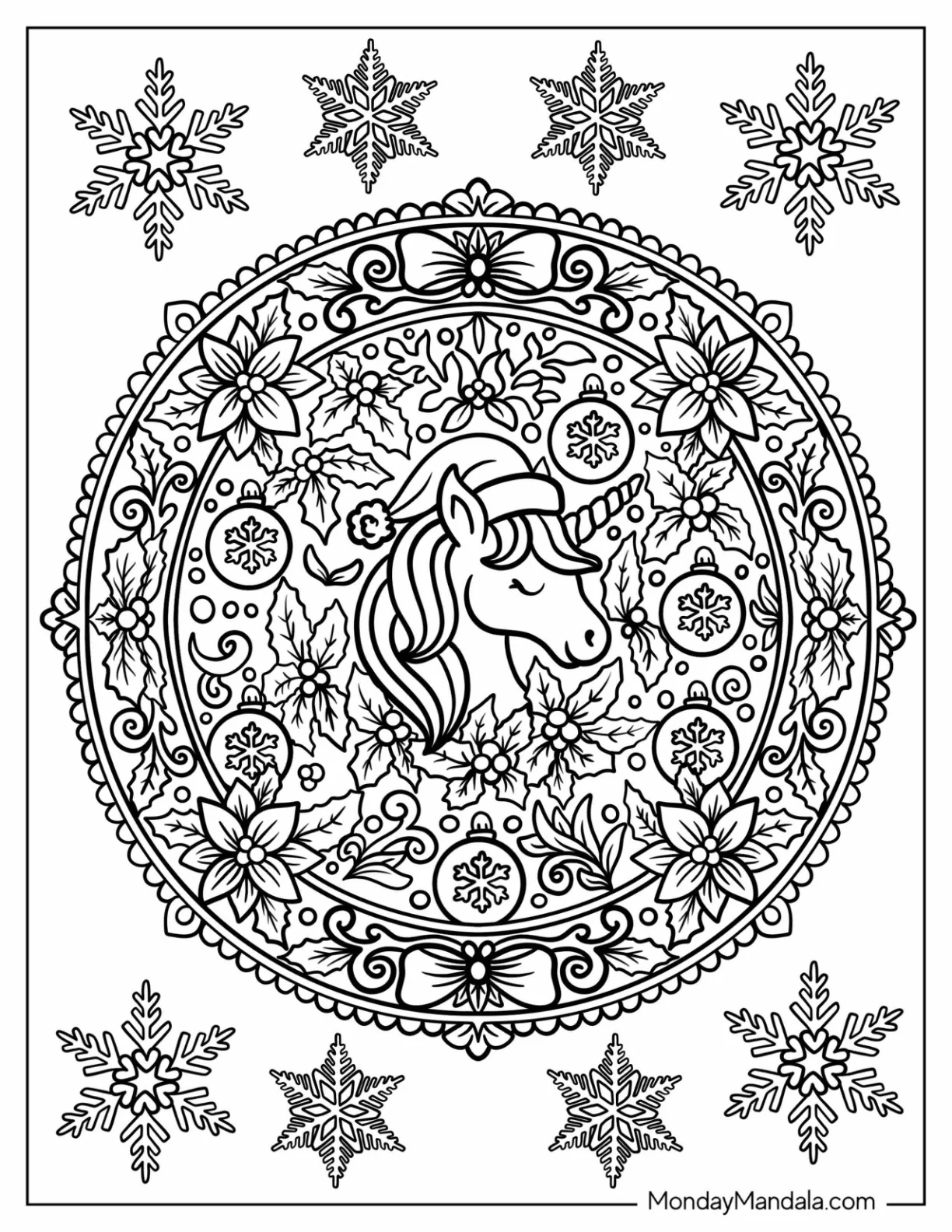 Festive Christmas Unicorn Coloring Page Mandala with Snowflakes coloring page