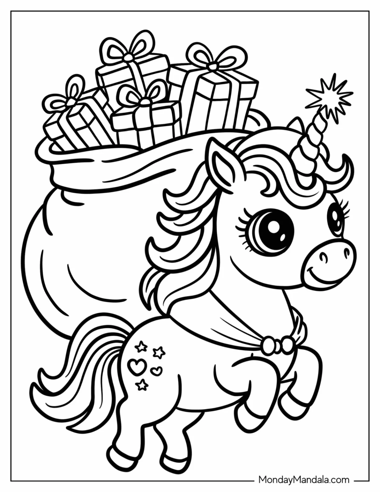 Galloping Christmas Unicorn Coloring Page Carrying Sack of Presents coloring page