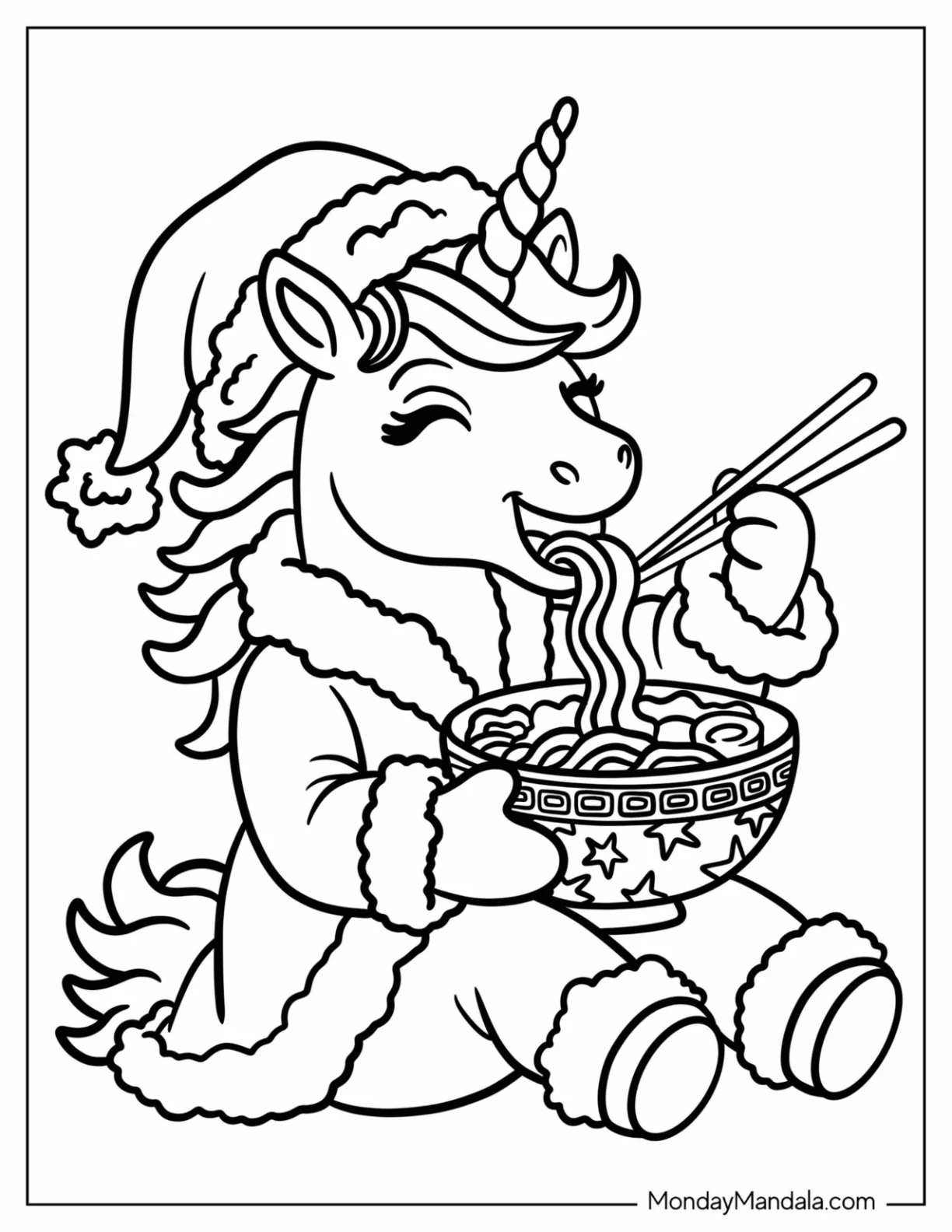 Hungry Christmas Unicorn Coloring Page Eating Ramen for Kids coloring page