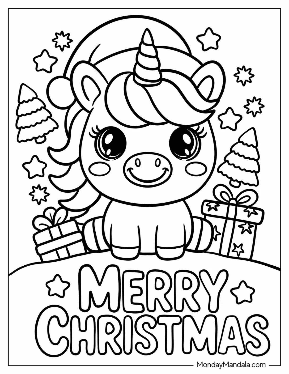 Kawaii Christmas Unicorn Coloring Page with Trees and Presents for Kids coloring page