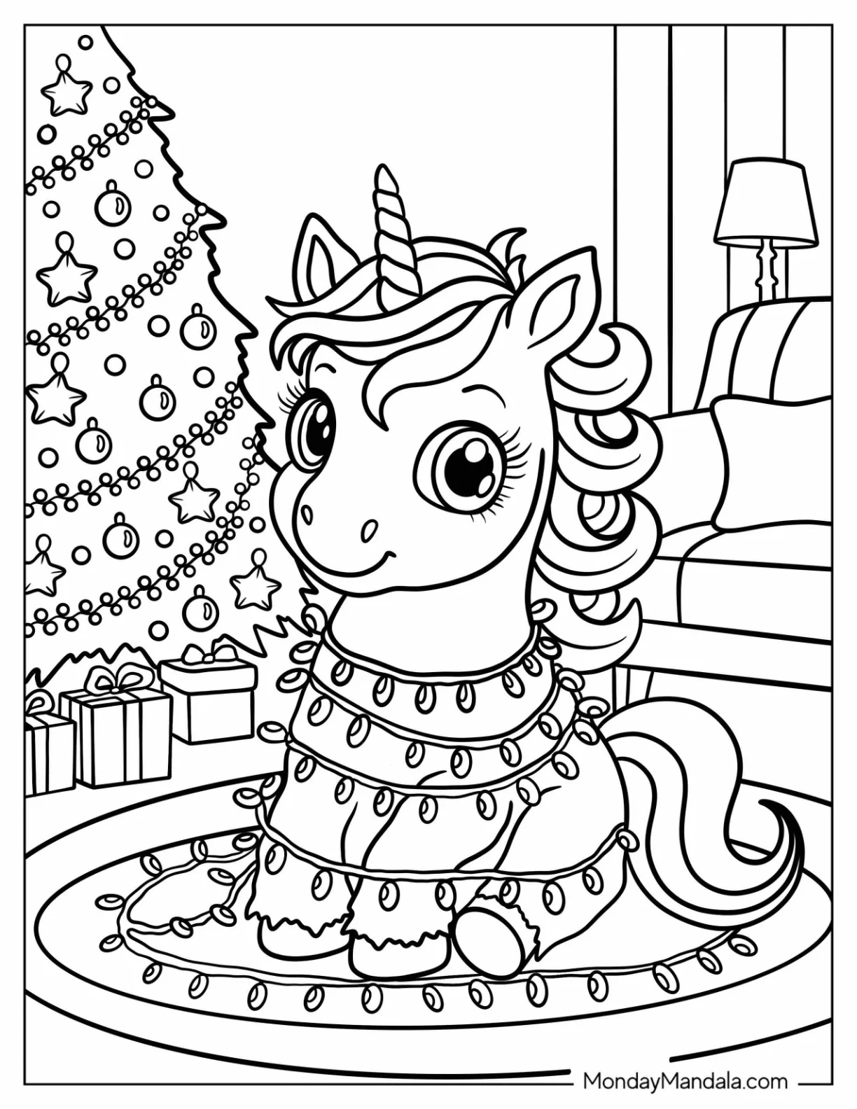 Lovely Christmas Unicorn Coloring Page Wrapped in Christmas Lights coloring page — printable line art