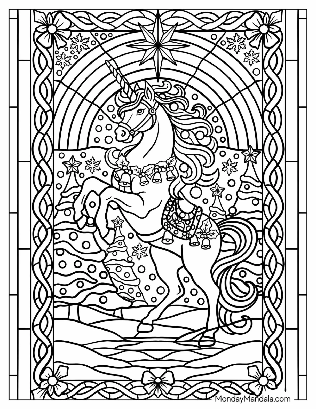 Majestic Christmas Unicorn Coloring Page Stained Glass coloring page