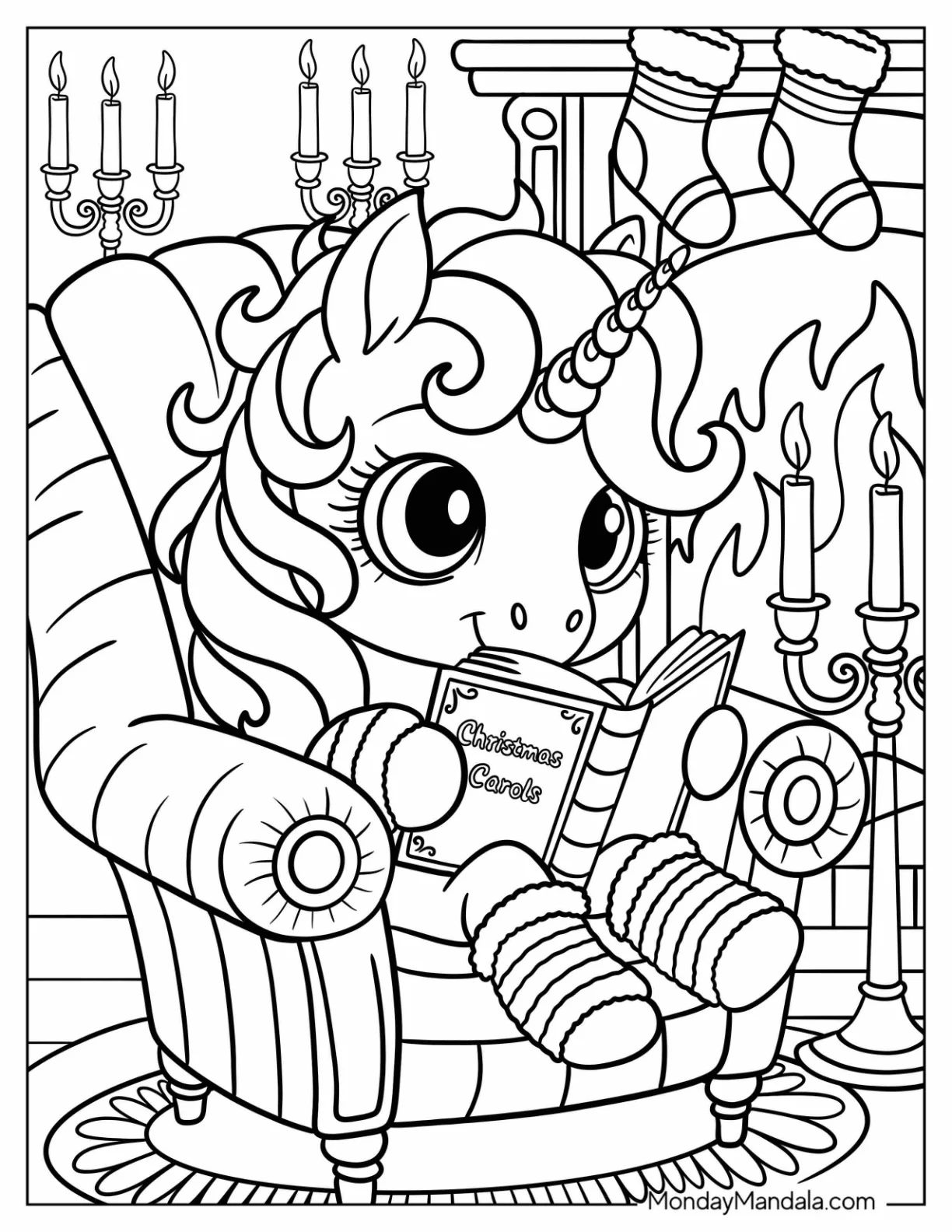 Nerdy Christmas Unicorn Coloring Page Reading on an Armchair coloring page