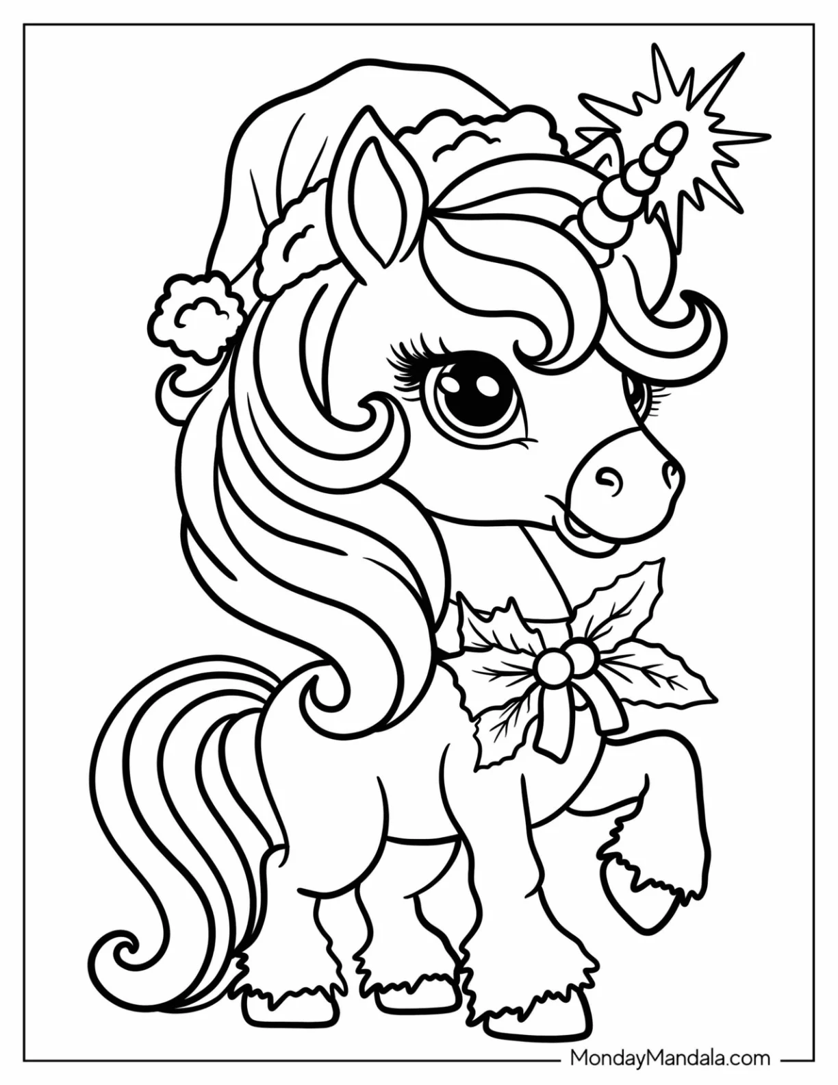 Pretty Christmas Unicorn Coloring Page with Santa Hat and Hollies for Kids coloring page
