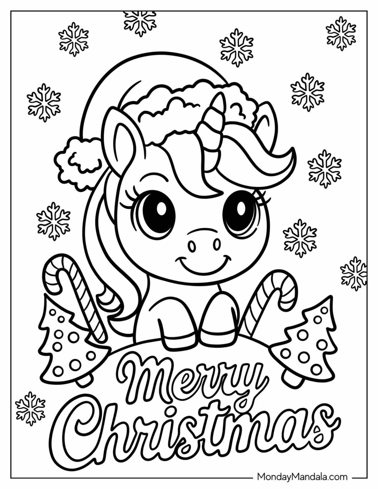 Smiling Christmas Unicorn Coloring Pagewith Trees, Candy Canes, and Snowflakes for Kids coloring page